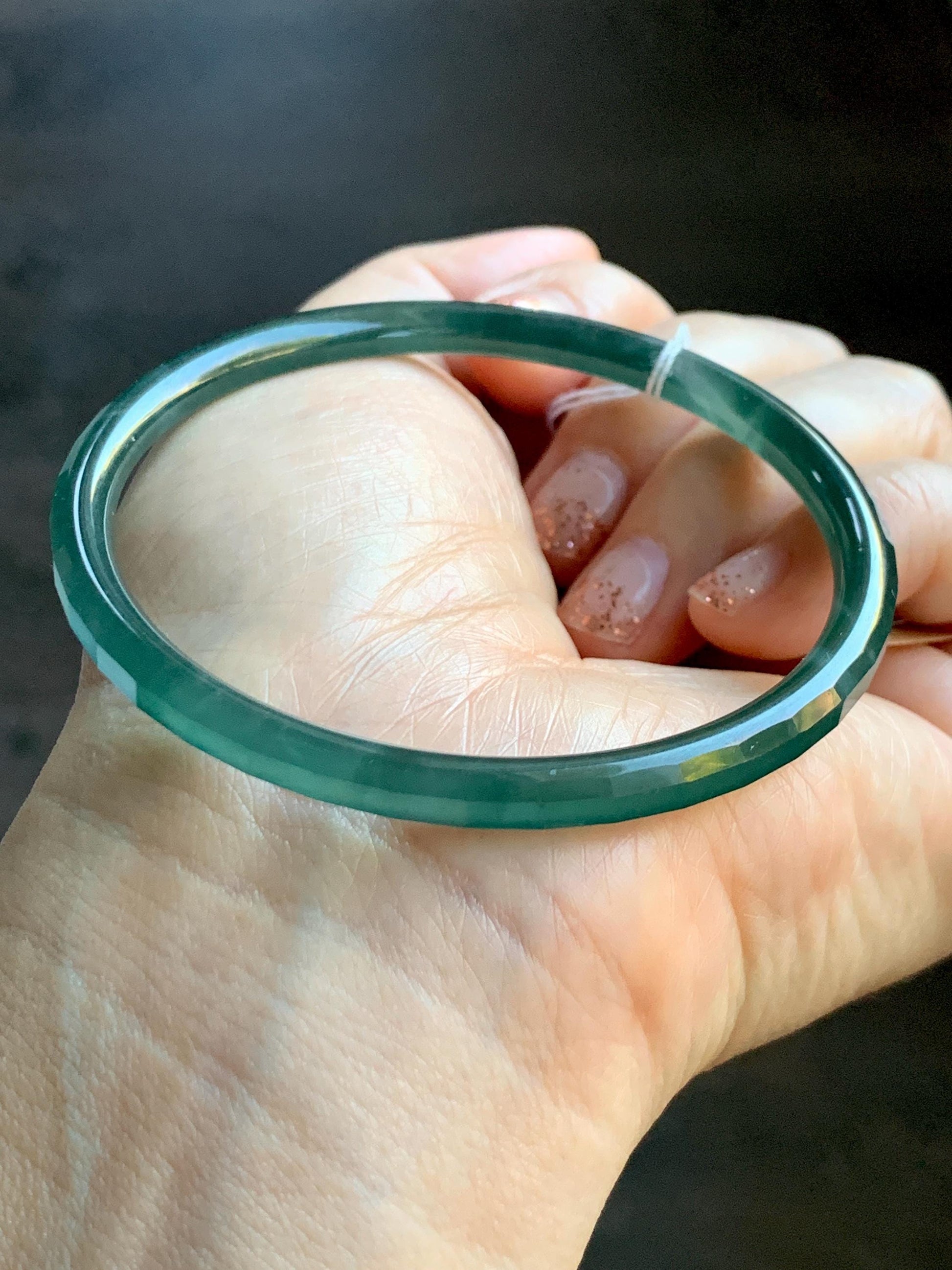 Certified Natural Grade A Guatemalan Icy Highly Translucent Dark Teal Green Faceted Jadeite Slim Bangle 59.95mm 7.4” 天然冰胶危深蓝绿翡翠细圆条切割面手镯 466
