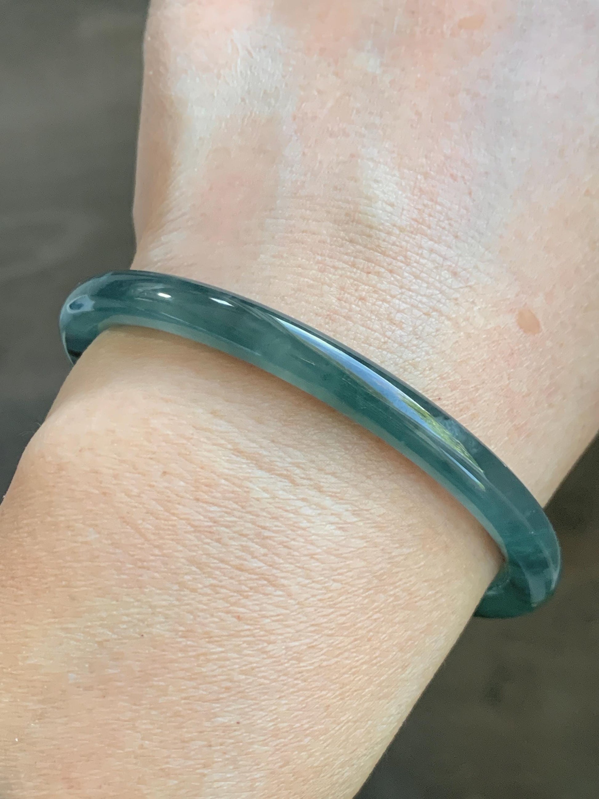 Certified Natural Grade A Guatemalan Icy Translucent Teal Green Marbled Jade Jadeite Bangle 58.96mm 7.29” 天然冰胶危蓝飘花翡翠细圆条手镯 458