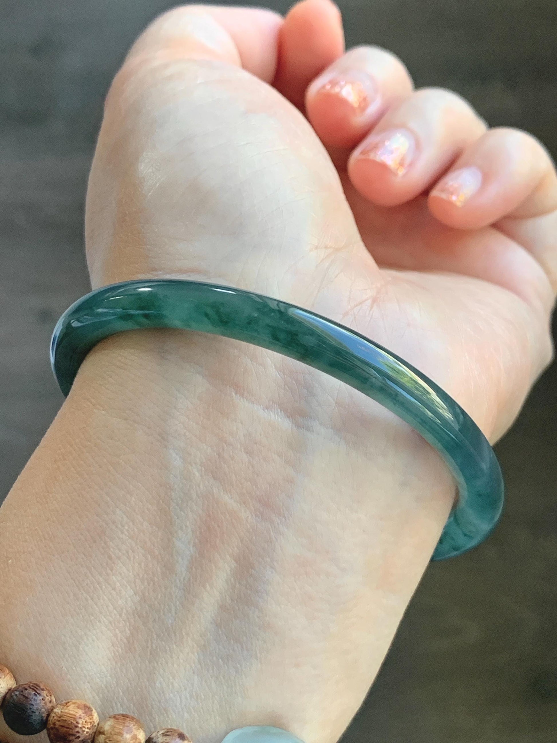 Certified Natural Grade A Guatemalan Icy Translucent Teal Green Marbled Jade Jadeite Bangle 58.96mm 7.29” 天然冰胶危蓝飘花翡翠细圆条手镯 458