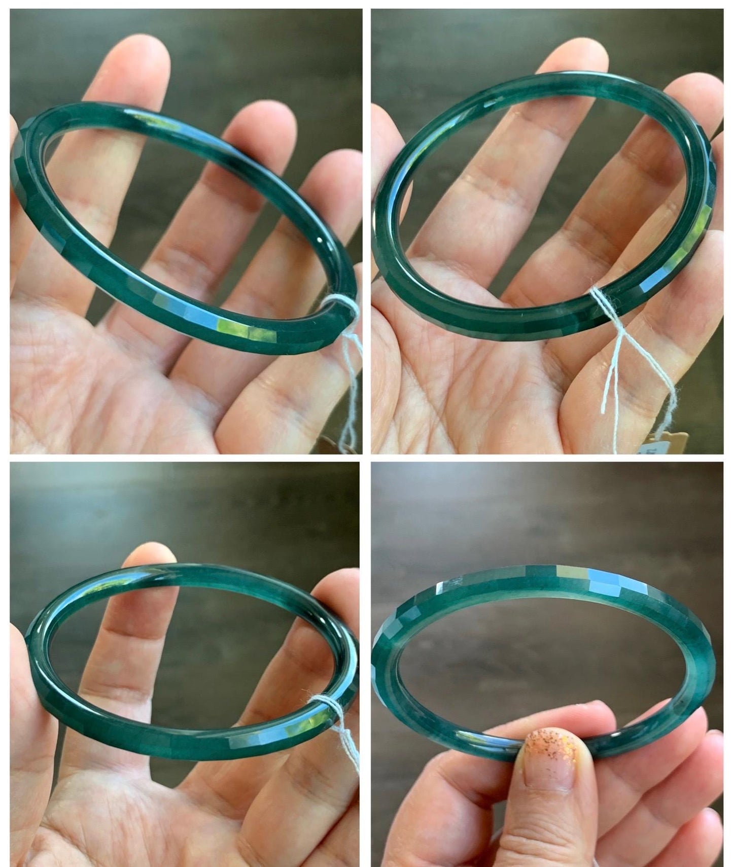 Certified Natural Grade A Guatemalan Icy Highly Translucent Deep Teal Green Faceted Jadeite Slim Bangle 57.56mm 7.11” 天然冰胶危深蓝绿翡翠细圆条切割面手镯 465