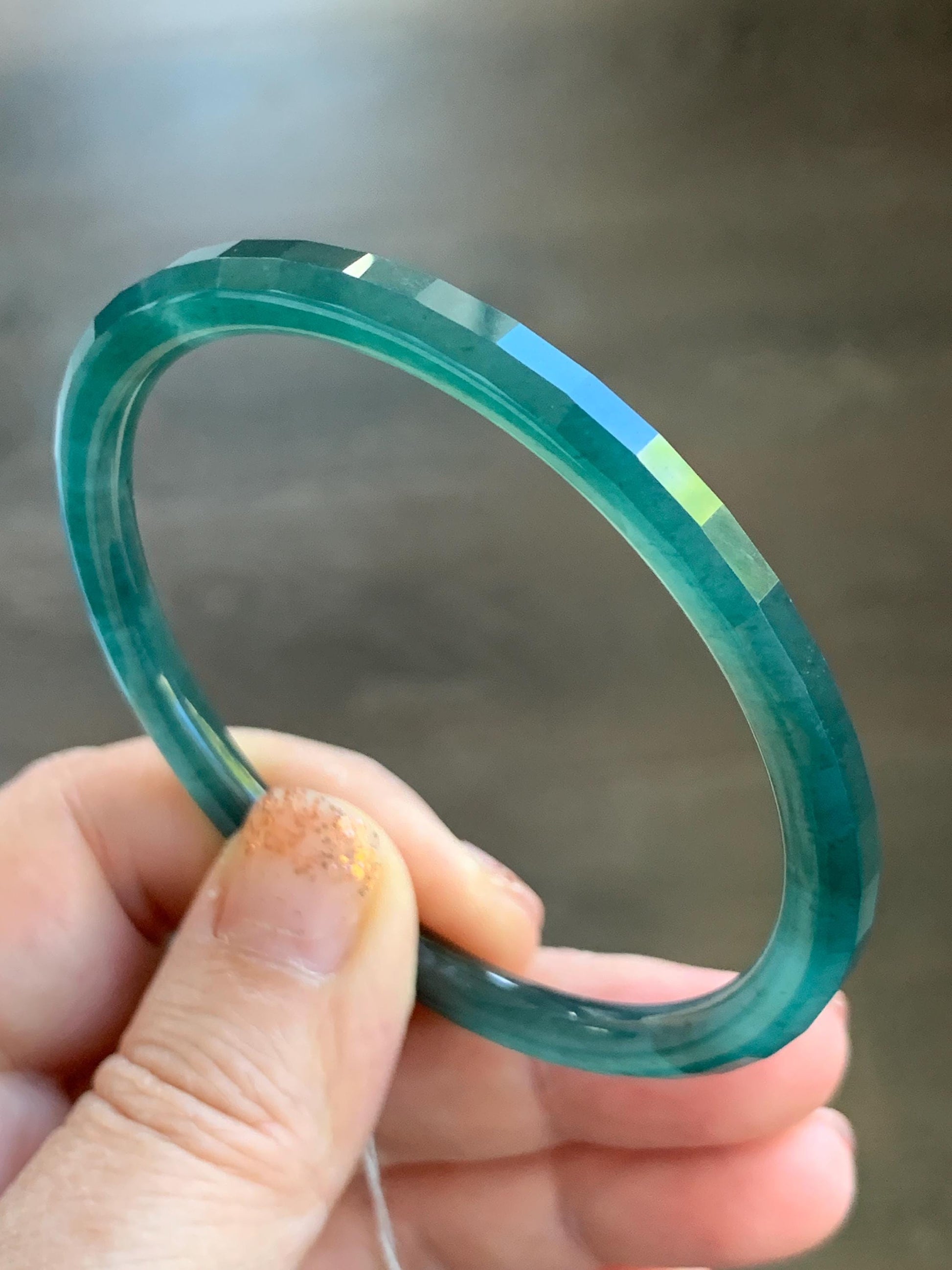 Certified Natural Grade A Guatemalan Icy Highly Translucent Deep Teal Green Faceted Jadeite Slim Bangle 57.56mm 7.11” 天然冰胶危深蓝绿翡翠细圆条切割面手镯 465