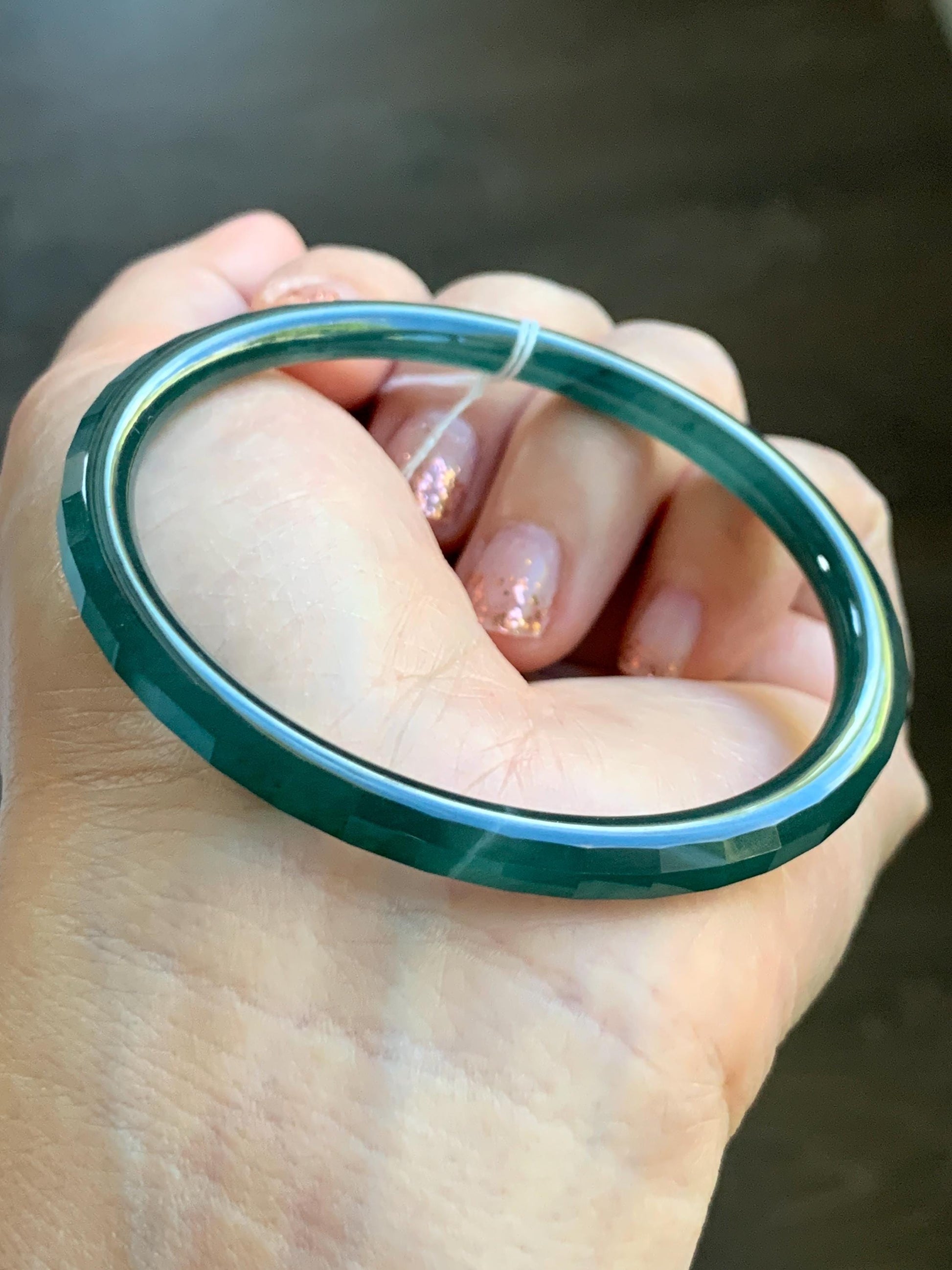 Certified Natural Grade A Guatemalan Icy Highly Translucent Deep Teal Green Faceted Jadeite Slim Bangle 57.56mm 7.11” 天然冰胶危深蓝绿翡翠细圆条切割面手镯 465