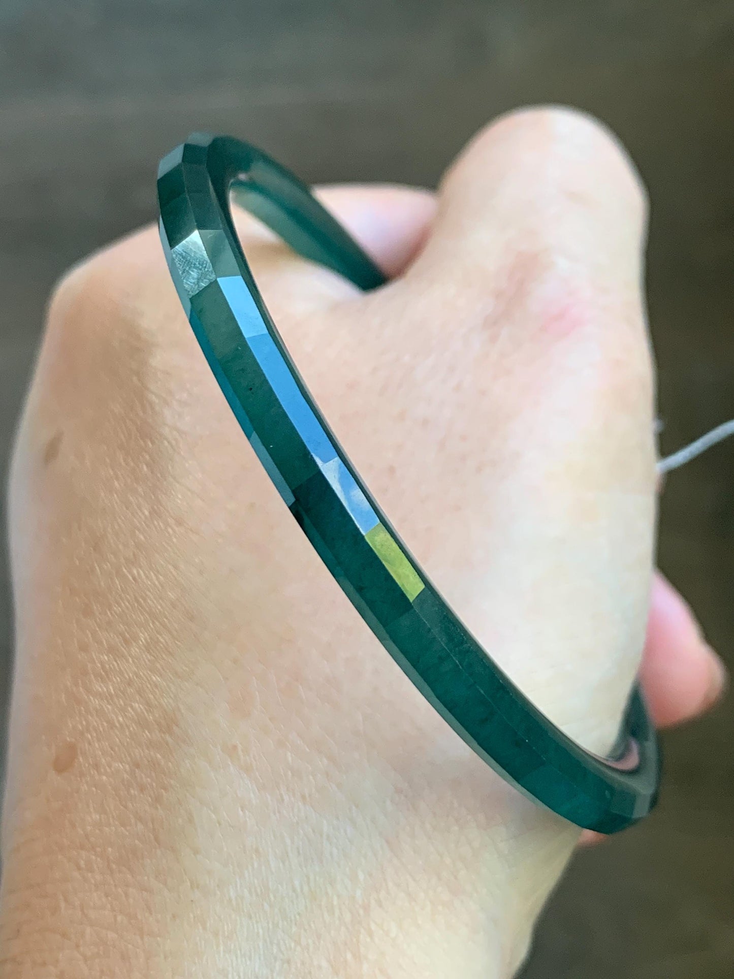 Certified Natural Grade A Guatemalan Icy Highly Translucent Deep Teal Green Faceted Jadeite Slim Bangle 57.56mm 7.11” 天然冰胶危深蓝绿翡翠细圆条切割面手镯 465