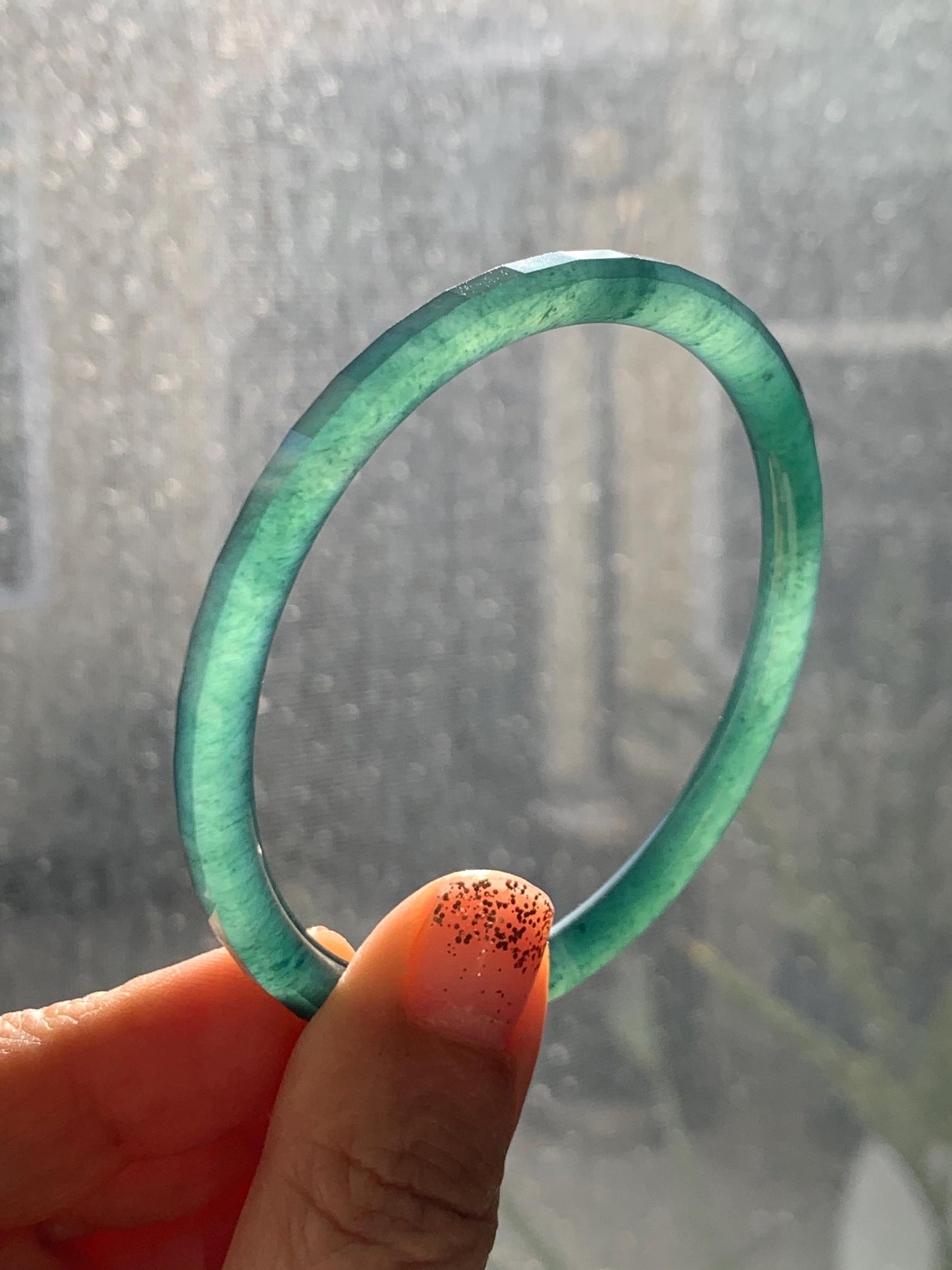 Certified Natural Grade A Guatemalan Icy Highly Translucent Deep Teal Green Faceted Jadeite Slim Bangle 57.56mm 7.11” 天然冰胶危深蓝绿翡翠细圆条切割面手镯 465