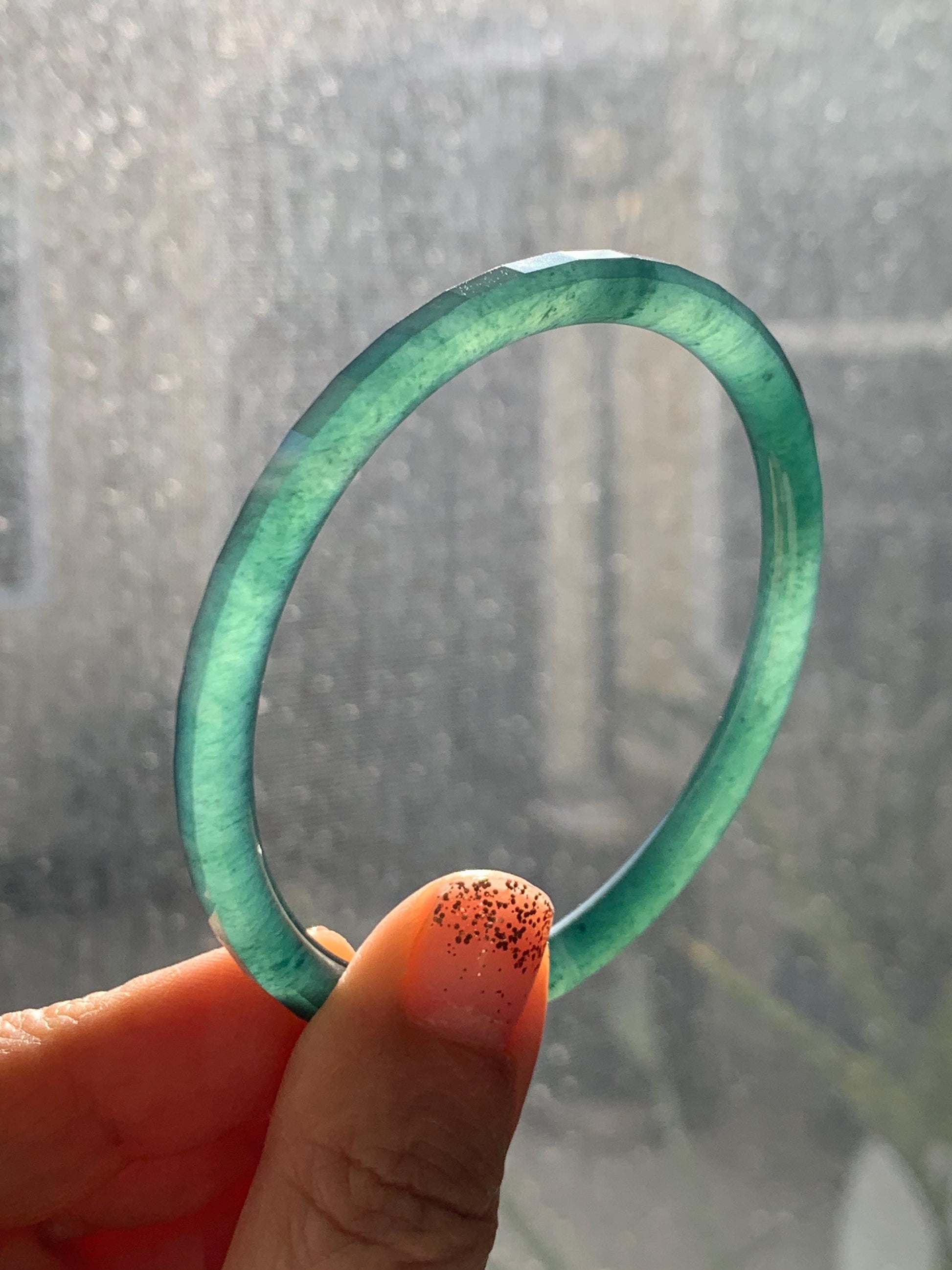 Certified Natural Grade A Guatemalan Icy Highly Translucent Deep Teal Green Faceted Jadeite Slim Bangle 57.56mm 7.11” 天然冰胶危深蓝绿翡翠细圆条切割面手镯 465