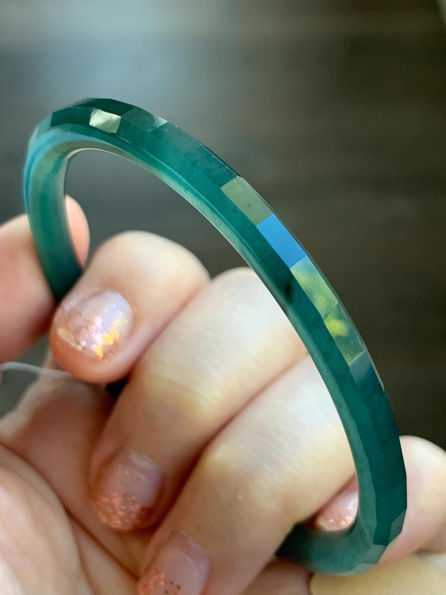 Certified Natural Grade A Guatemalan Icy Highly Translucent Deep Teal Green Faceted Jadeite Slim Bangle 57.56mm 7.11” 天然冰胶危深蓝绿翡翠细圆条切割面手镯 465