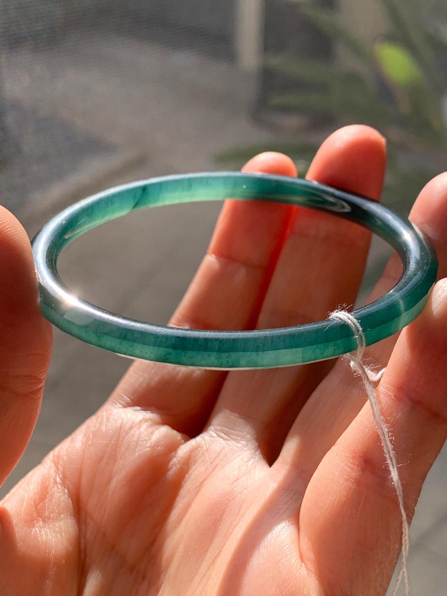 Certified Natural Grade A Guatemalan Icy Highly Translucent Deep Teal Green Faceted Jadeite Slim Bangle 57.56mm 7.11” 天然冰胶危深蓝绿翡翠细圆条切割面手镯 465