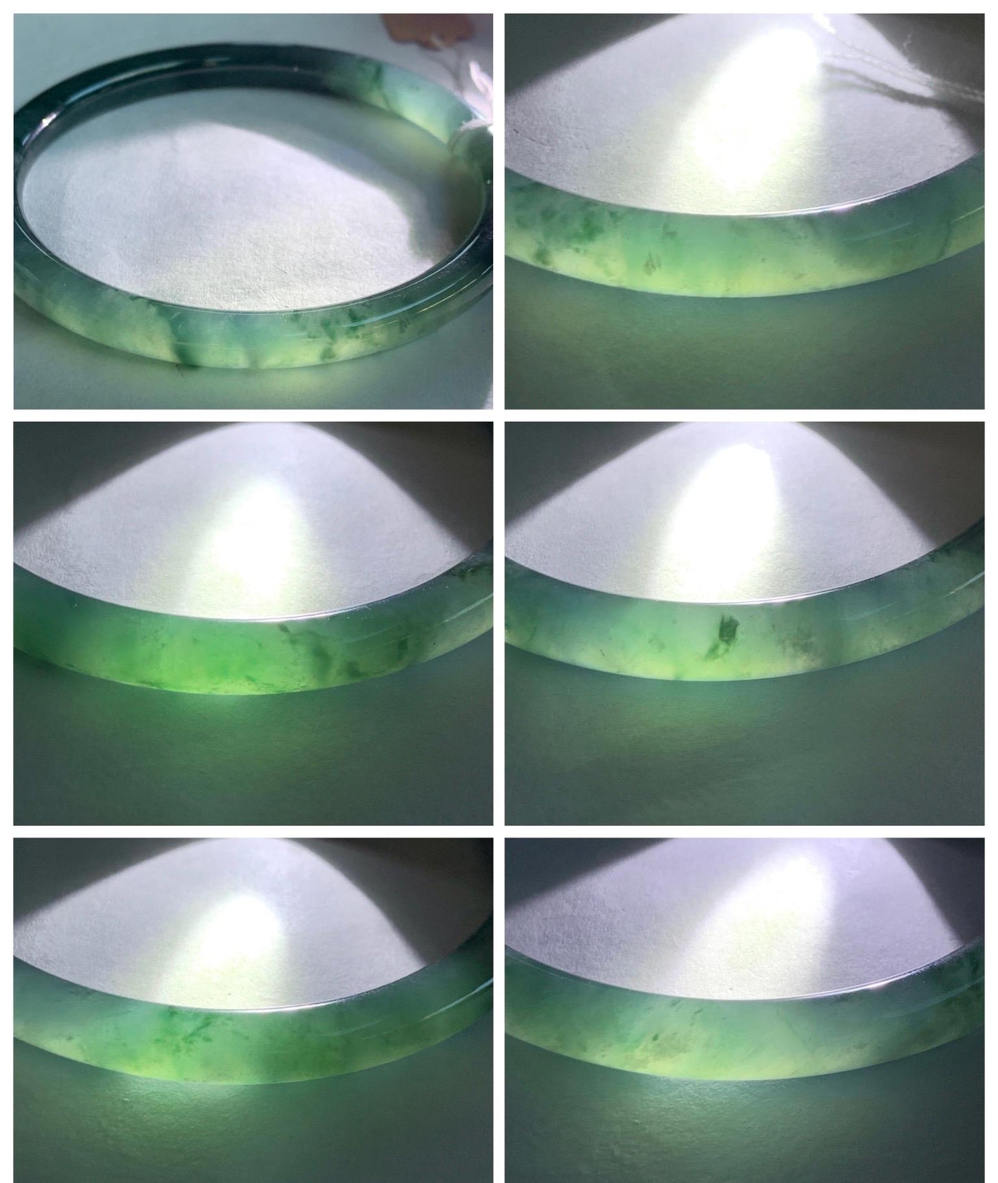 Certified Natural Grade A Guatemalan Icy Translucent Teal Green Marbled Jade Jadeite Bangle Bracelet 58.5mm 7.23” 21.48g 天然冰胶危蓝飘花翡翠细圆条手镯 453