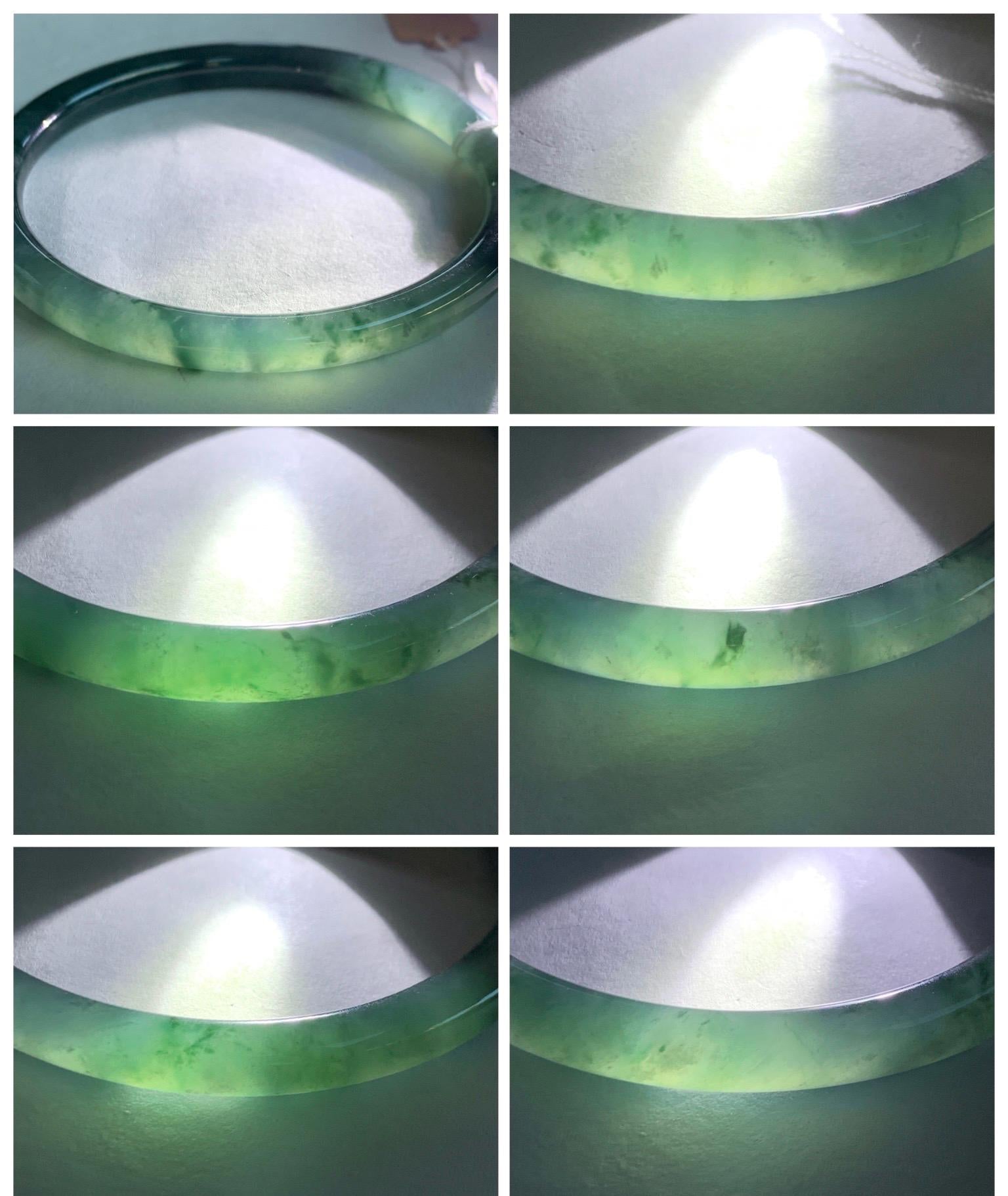 Certified Natural Grade A Guatemalan Icy Translucent Teal Green Marbled Jade Jadeite Bangle Bracelet 58.5mm 7.23” 21.48g 天然冰胶危蓝飘花翡翠细圆条手镯 453