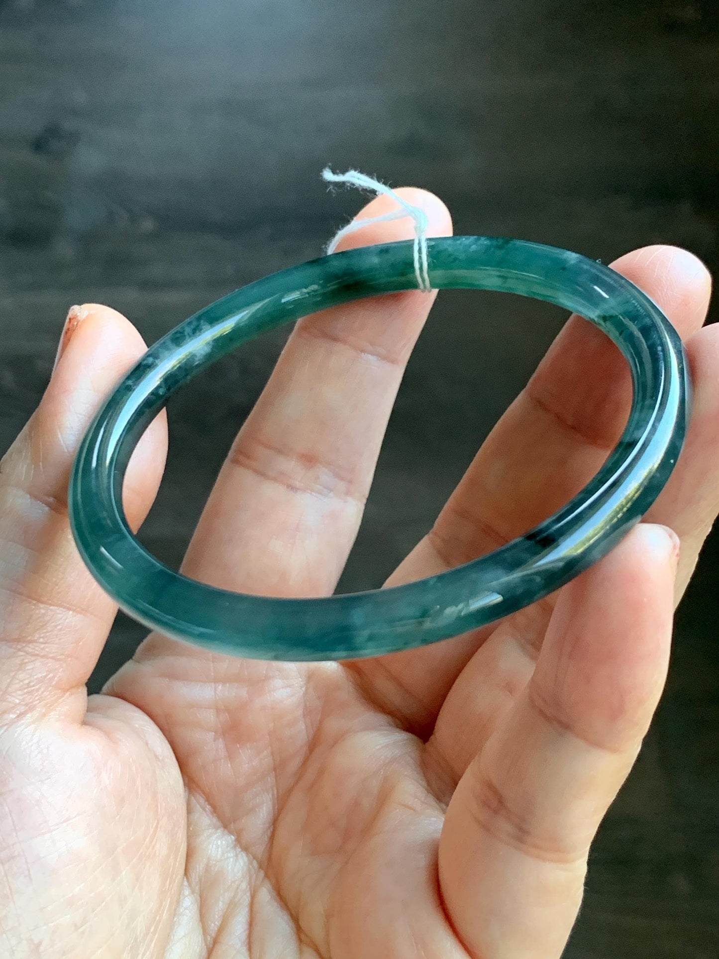 Certified Natural Grade A Guatemalan Icy Translucent Teal Green Marbled Jade Jadeite Bangle Bracelet 58.5mm 7.23” 21.48g 天然冰胶危蓝飘花翡翠细圆条手镯 453