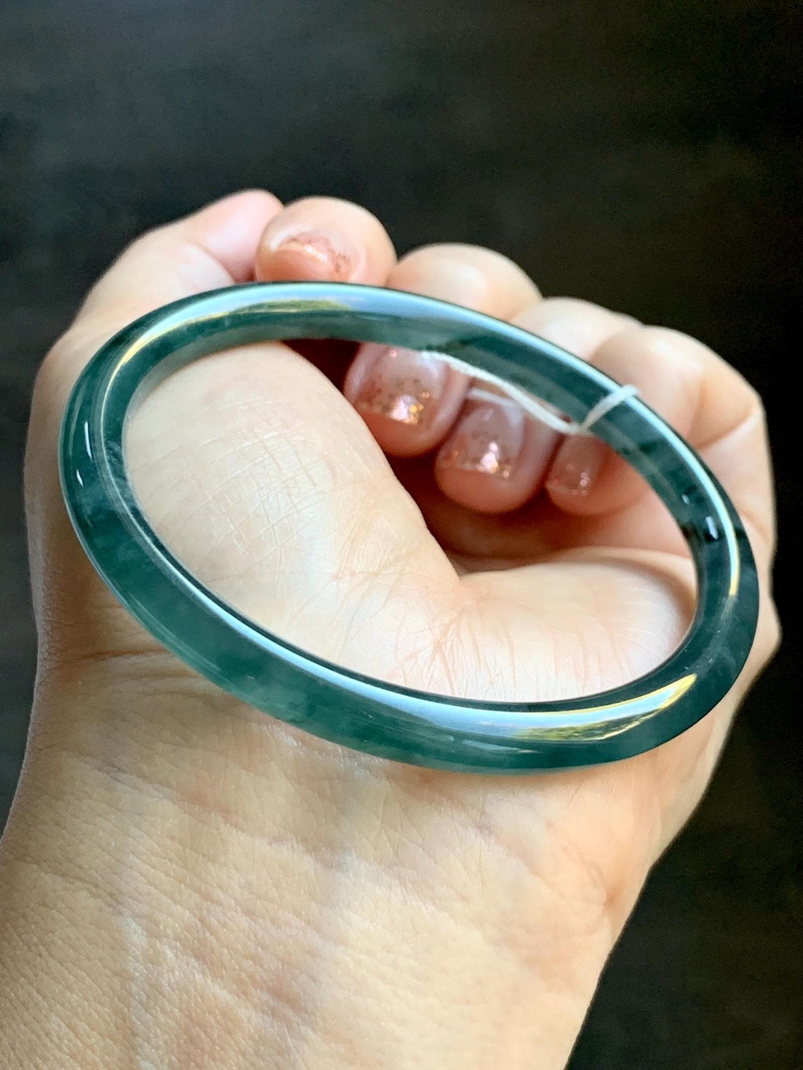 Certified Natural Grade A Guatemalan Icy Translucent Teal Green Marbled Jade Jadeite Bangle Bracelet 58.5mm 7.23” 21.48g 天然冰胶危蓝飘花翡翠细圆条手镯 453
