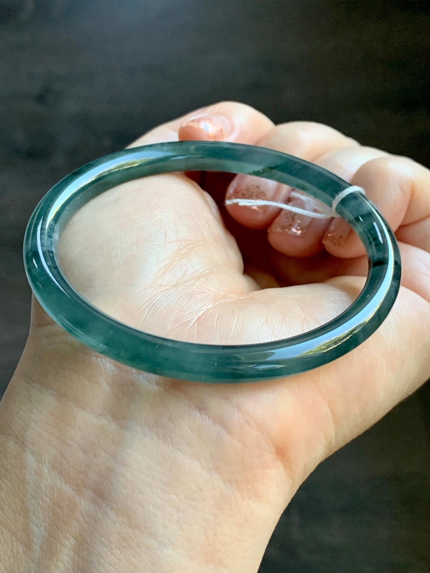 Certified Natural Grade A Guatemalan Icy Translucent Teal Green Marbled Jade Jadeite Bangle Bracelet 58.5mm 7.23” 21.48g 天然冰胶危蓝飘花翡翠细圆条手镯 453