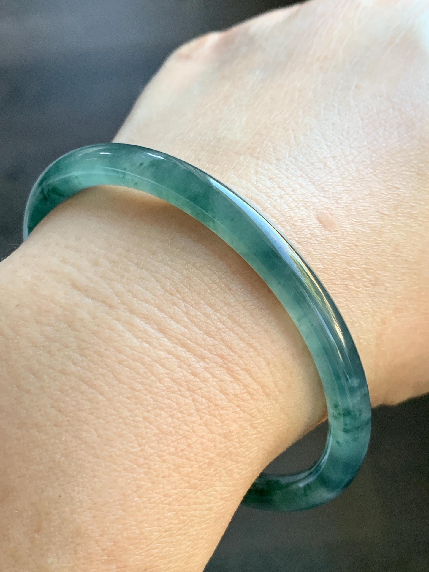 Certified Natural Grade A Guatemalan Icy Translucent Teal Green Marbled Jade Jadeite Bangle Bracelet 58.5mm 7.23” 21.48g 天然冰胶危蓝飘花翡翠细圆条手镯 453