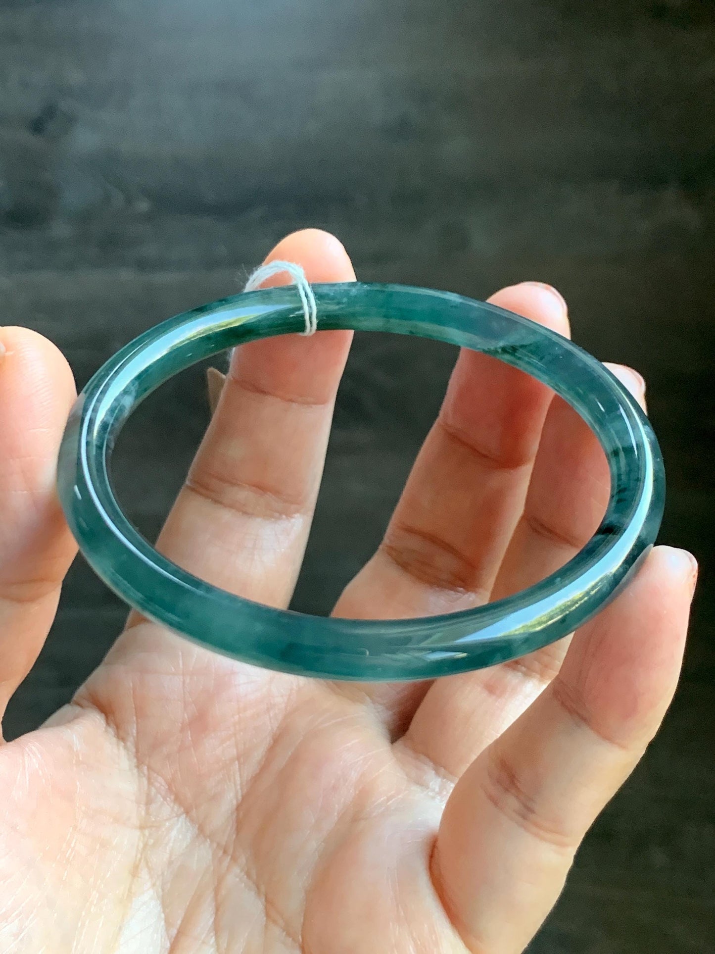 Certified Natural Grade A Guatemalan Icy Translucent Teal Green Marbled Jade Jadeite Bangle Bracelet 58.5mm 7.23” 21.48g 天然冰胶危蓝飘花翡翠细圆条手镯 453