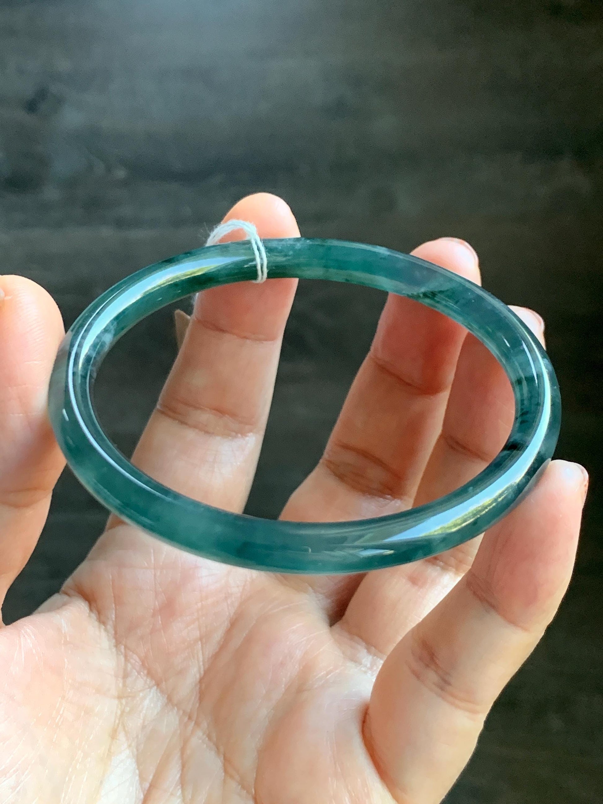 Certified Natural Grade A Guatemalan Icy Translucent Teal Green Marbled Jade Jadeite Bangle Bracelet 58.5mm 7.23” 21.48g 天然冰胶危蓝飘花翡翠细圆条手镯 453