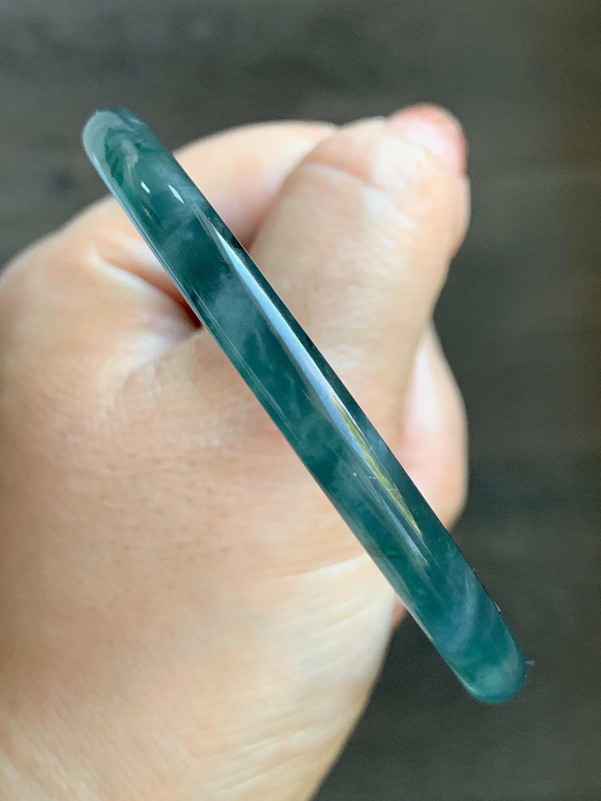 Certified Natural Grade A Guatemalan Icy Translucent Teal Green Marbled Jade Jadeite Bangle Bracelet 58.5mm 7.23” 21.48g 天然冰胶危蓝飘花翡翠细圆条手镯 453