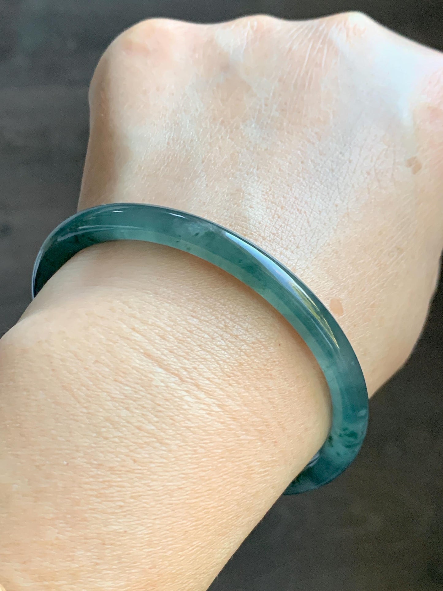 Certified Natural Grade A Guatemalan Icy Translucent Teal Green Marbled Jade Jadeite Bangle Bracelet 58.5mm 7.23” 21.48g 天然冰胶危蓝飘花翡翠细圆条手镯 453