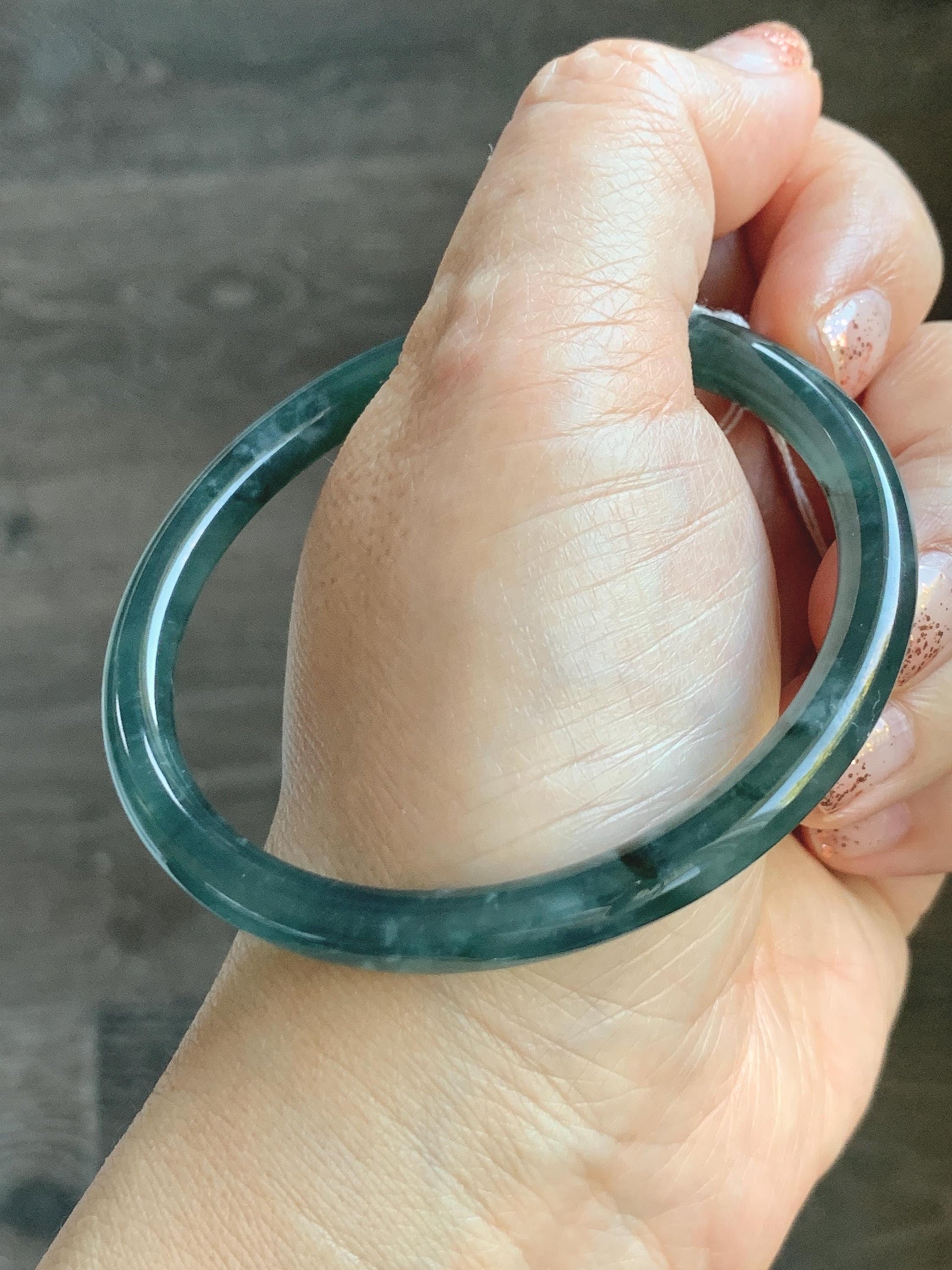 Certified Natural Grade A Guatemalan Icy Translucent Teal Green Marbled Jade Jadeite Bangle Bracelet 58.5mm 7.23” 21.48g 天然冰胶危蓝飘花翡翠细圆条手镯 453