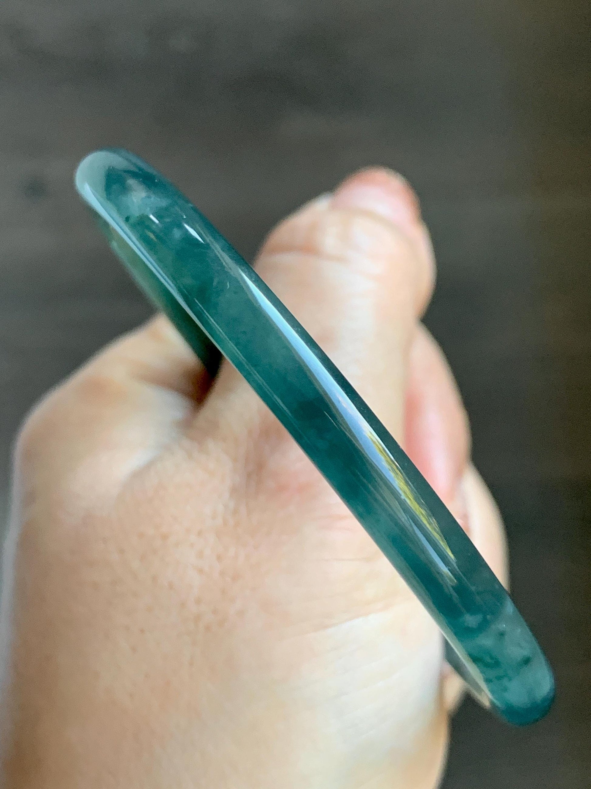 Certified Natural Grade A Guatemalan Icy Translucent Teal Green Marbled Jade Jadeite Bangle Bracelet 58.5mm 7.23” 21.48g 天然冰胶危蓝飘花翡翠细圆条手镯 453