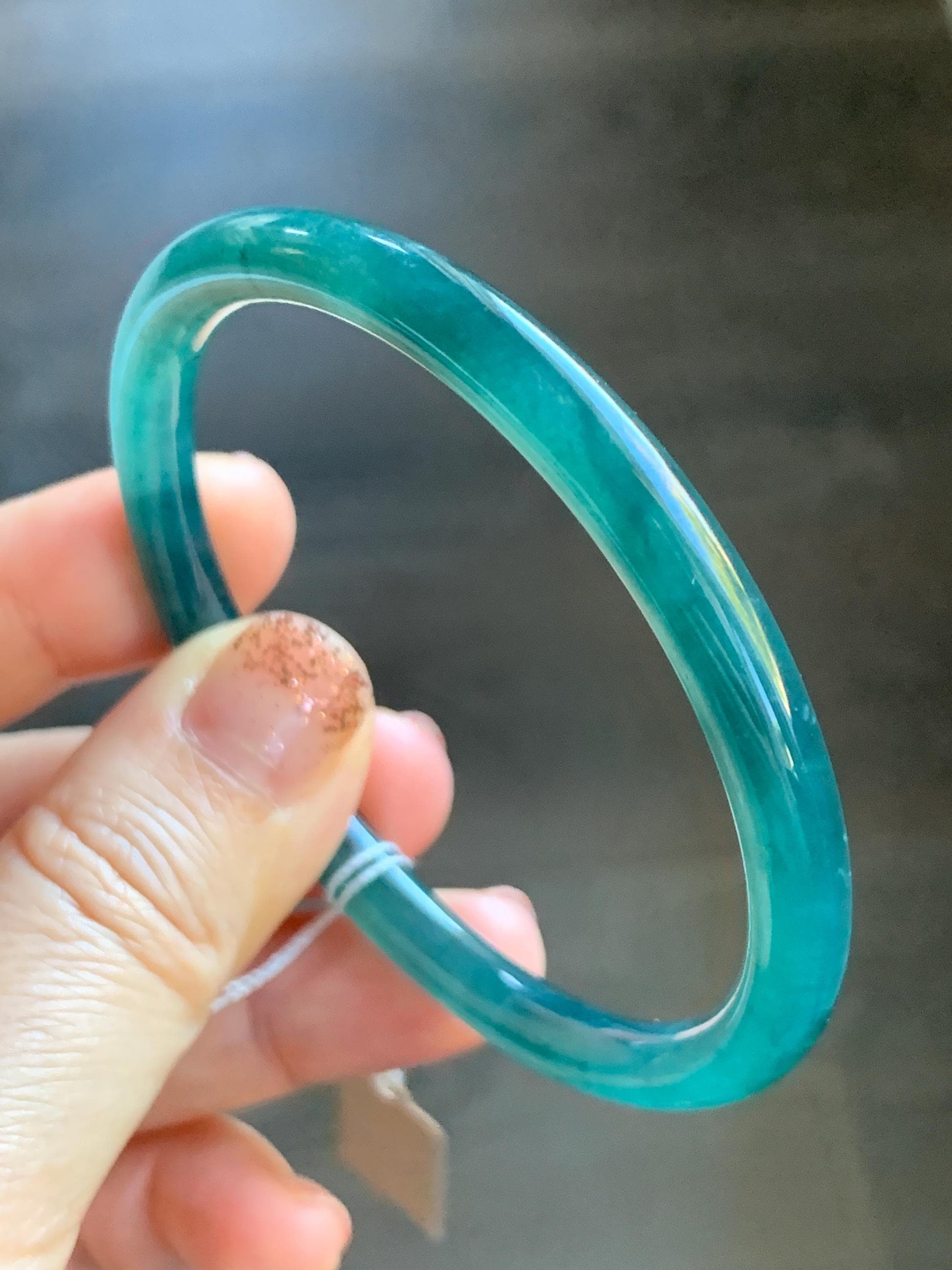 Certified Natural Grade A Guatemalan Icy Translucent Intense Teal Blue Jade Jadeite Bangle Bracelet 57.6mm 7.12” 20.5g 天然冰胶危深蓝绿翡翠细圆条手镯 467