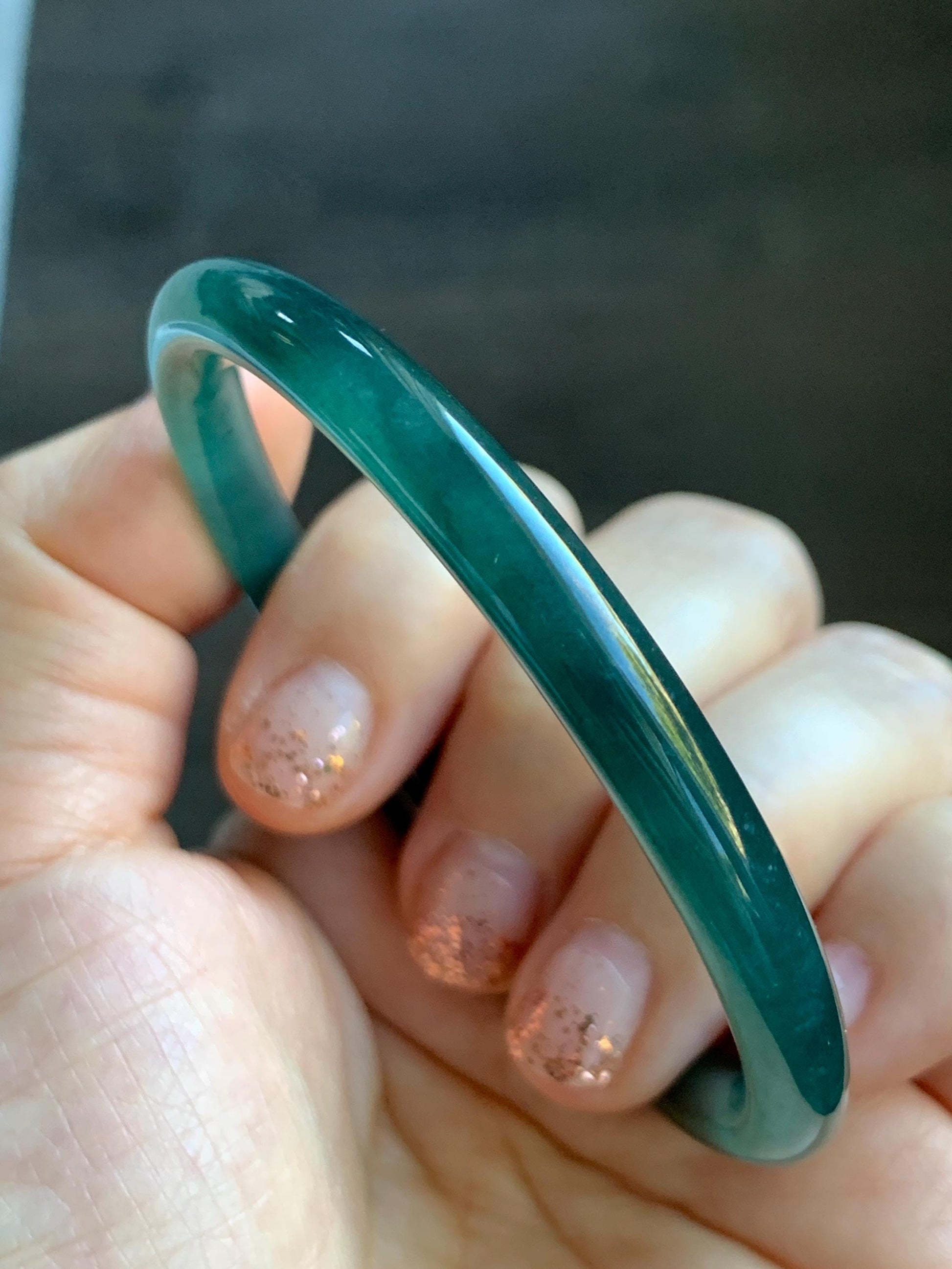 Certified Natural Grade A Guatemalan Icy Translucent Intense Teal Blue Jade Jadeite Bangle Bracelet 57.6mm 7.12” 20.5g 天然冰胶危深蓝绿翡翠细圆条手镯 467