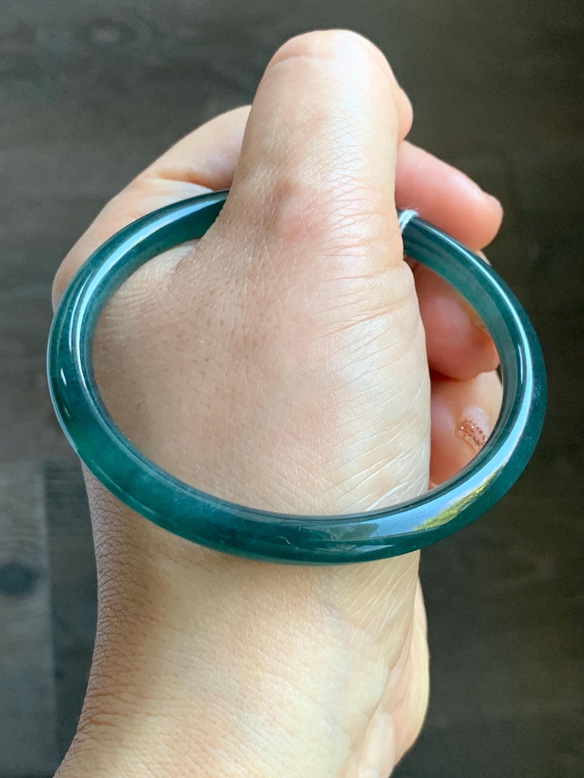 Certified Natural Grade A Guatemalan Icy Translucent Intense Teal Blue Jade Jadeite Bangle Bracelet 57.6mm 7.12” 20.5g 天然冰胶危深蓝绿翡翠细圆条手镯 467