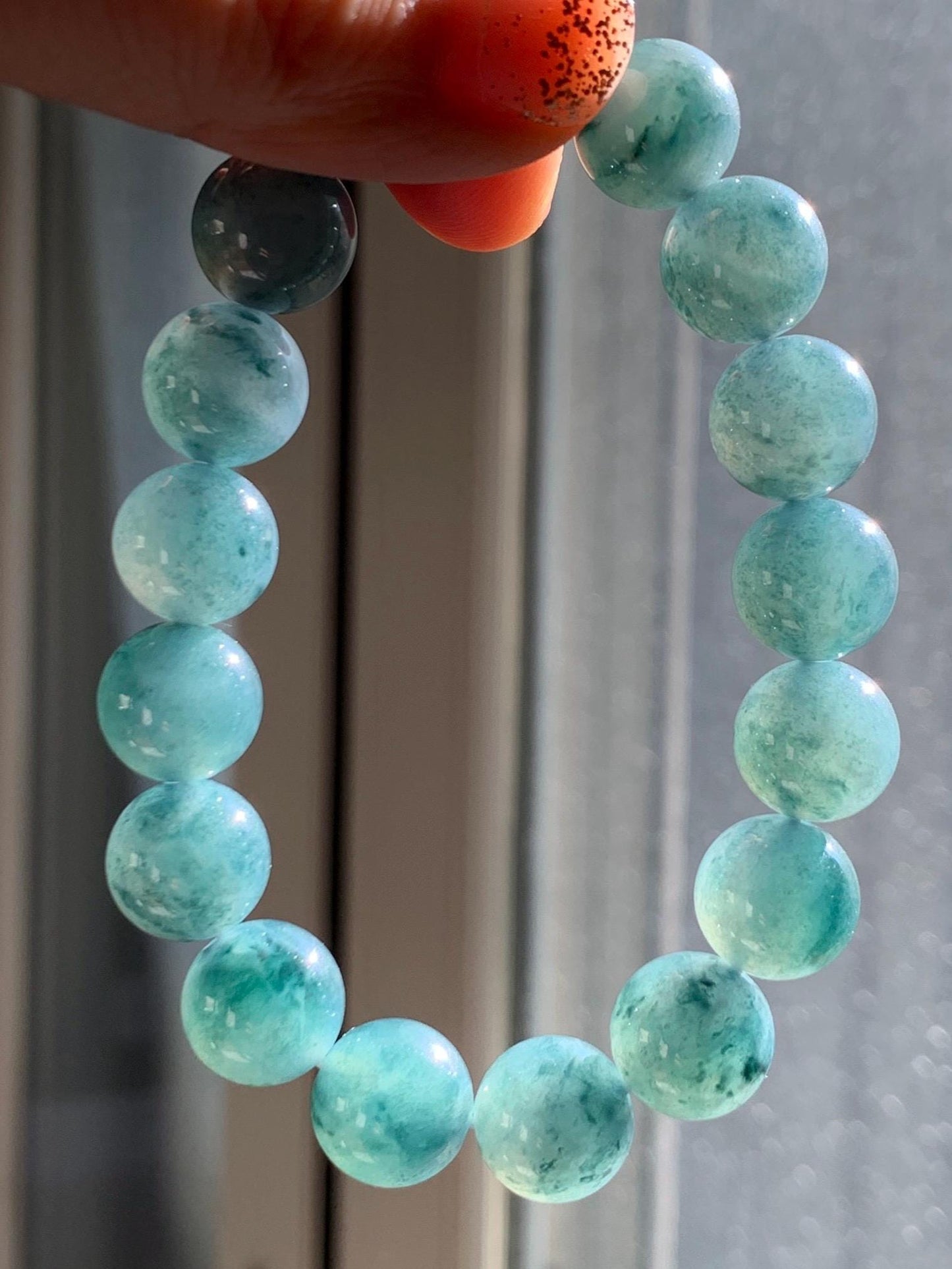 Natural Grade A Guatemalan Icy Highly Translucent Teal Blue Marbled Jade Jadeite Beaded Bracelet Stretchy 11.8mm 7.5” 天然冰危蓝飘绿翡翠圆珠手串 WPH440A
