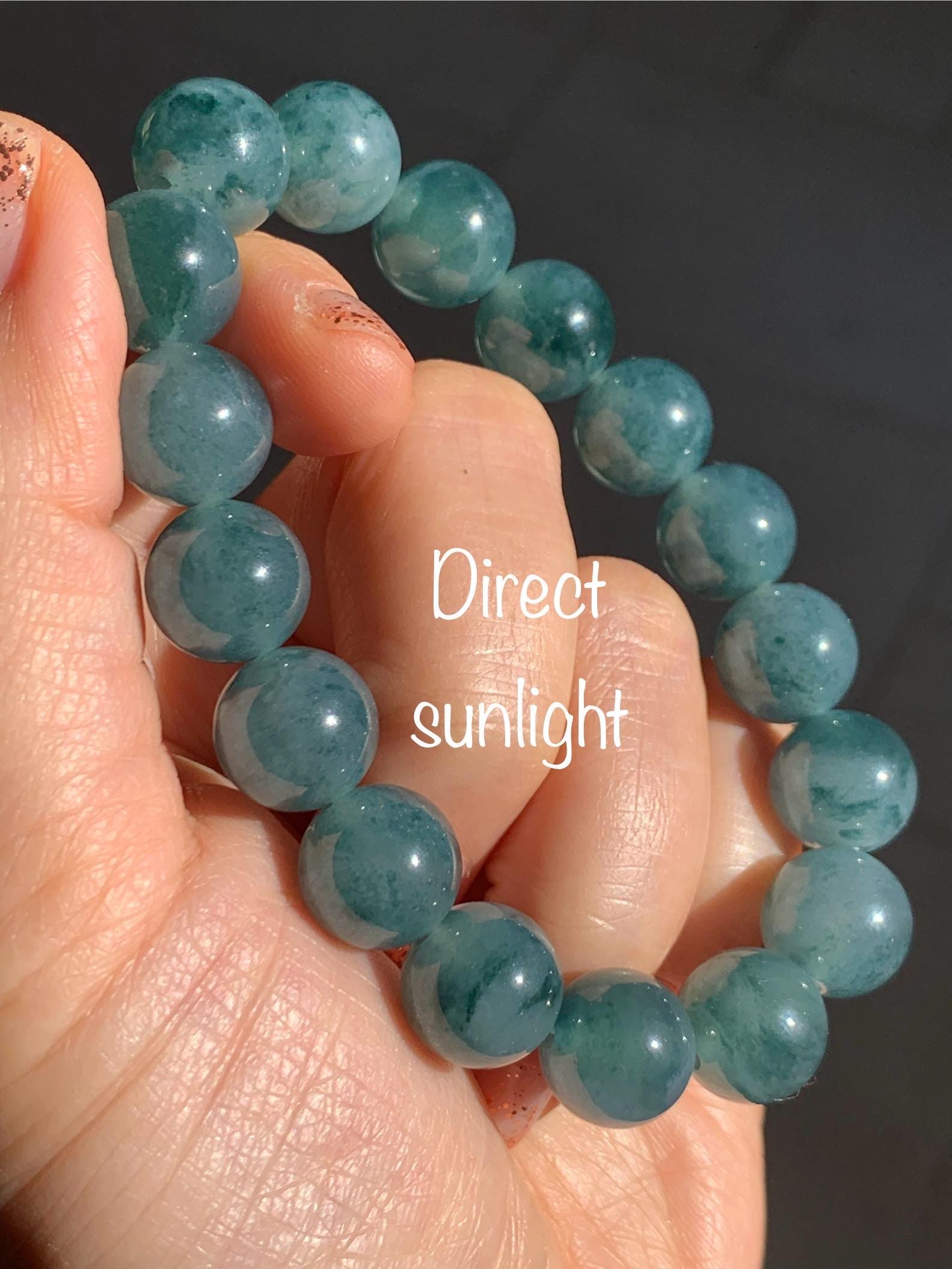 Natural Grade A Guatemalan Icy Highly Translucent Teal Blue Marbled Jade Jadeite Beaded Bracelet Stretchy 11.8mm 7.5” 天然冰危蓝飘绿翡翠圆珠手串 WPH440A