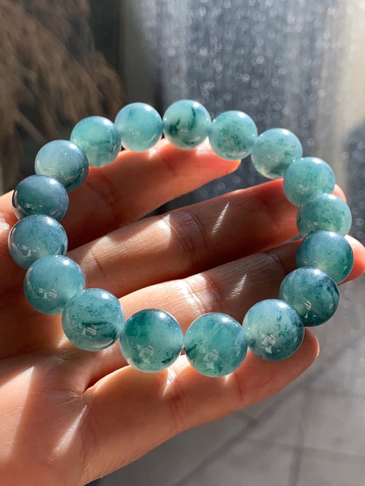 Natural Grade A Guatemalan Icy Highly Translucent Teal Blue Marbled Jade Jadeite Beaded Bracelet Stretchy 11.8mm 7.5” 天然冰危蓝飘绿翡翠圆珠手串 WPH440A