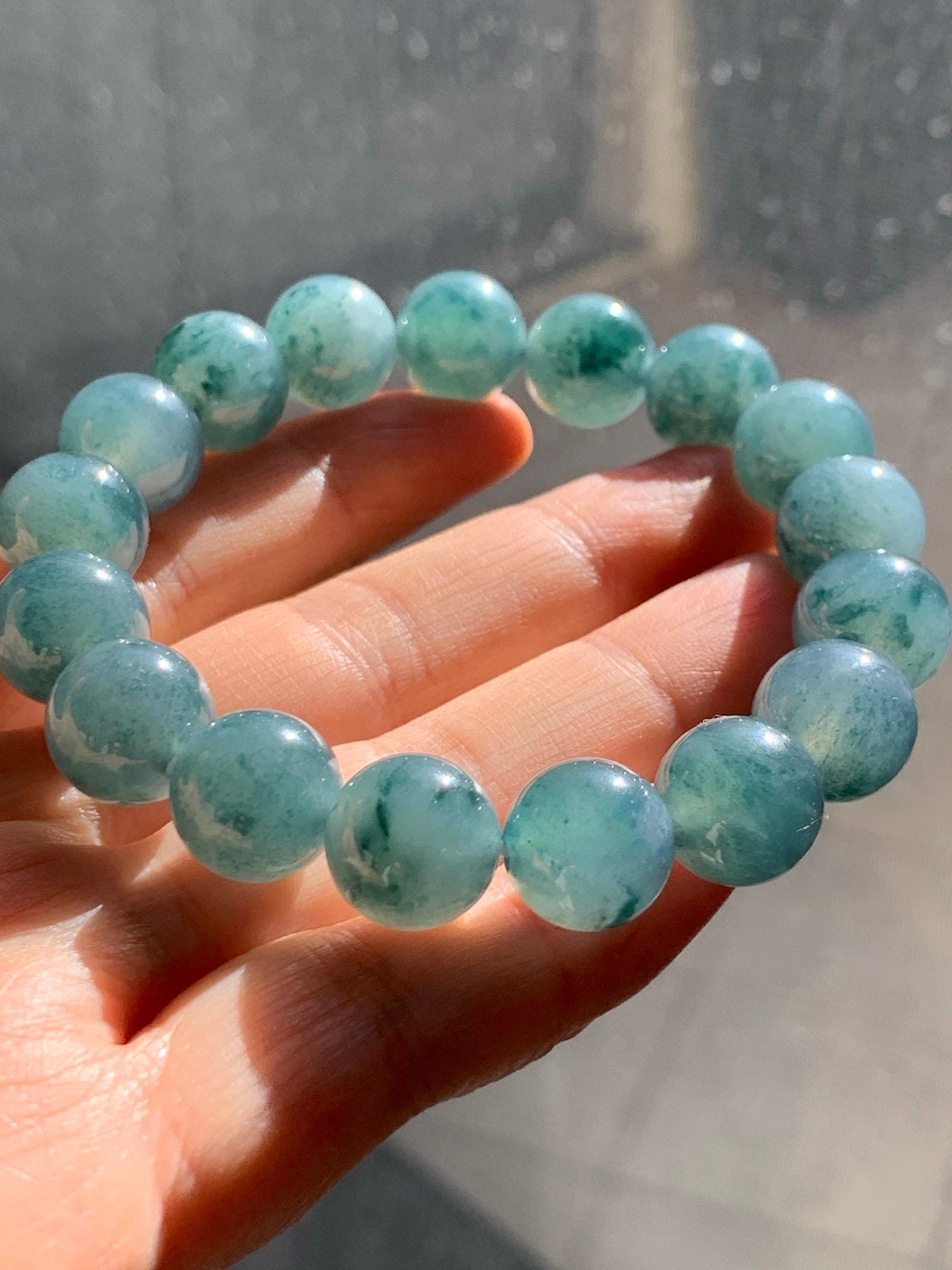 Natural Grade A Guatemalan Icy Highly Translucent Teal Blue Marbled Jade Jadeite Beaded Bracelet Stretchy 11.8mm 7.5” 天然冰危蓝飘绿翡翠圆珠手串 WPH440A