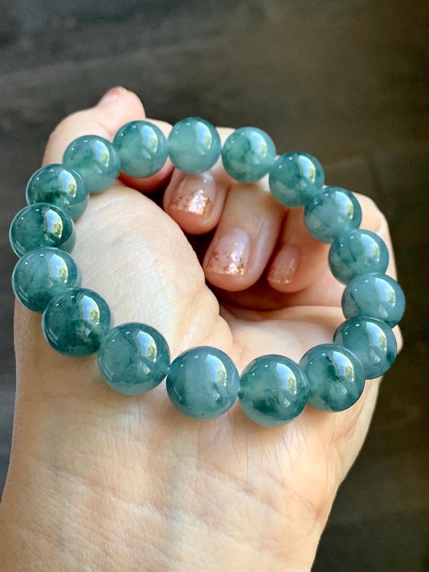 Natural Grade A Guatemalan Icy Highly Translucent Teal Blue Marbled Jade Jadeite Beaded Bracelet Stretchy 11.8mm 7.5” 天然冰危蓝飘绿翡翠圆珠手串 WPH440A