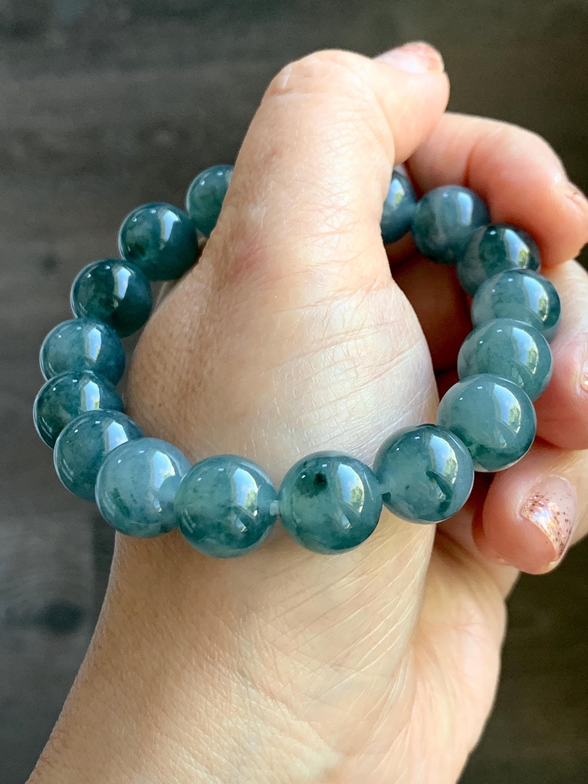 Natural Grade A Guatemalan Icy Highly Translucent Teal Blue Marbled Jade Jadeite Beaded Bracelet Stretchy 11.8mm 7.5” 天然冰危蓝飘绿翡翠圆珠手串 WPH440A
