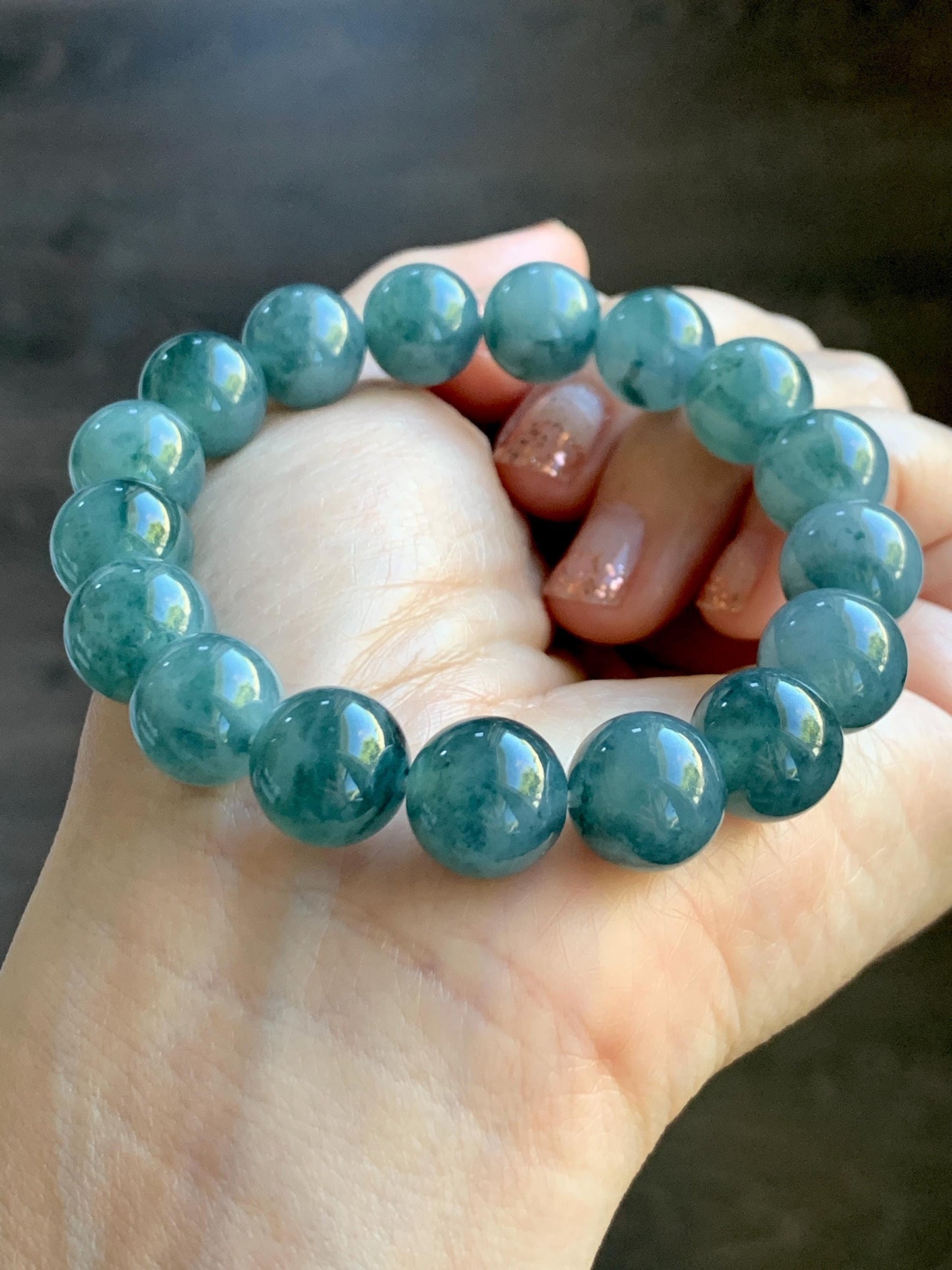 Natural Grade A Guatemalan Icy Highly Translucent Teal Blue Marbled Jade Jadeite Beaded Bracelet Stretchy 11.8mm 7.5” 天然冰危蓝飘绿翡翠圆珠手串 WPH440A