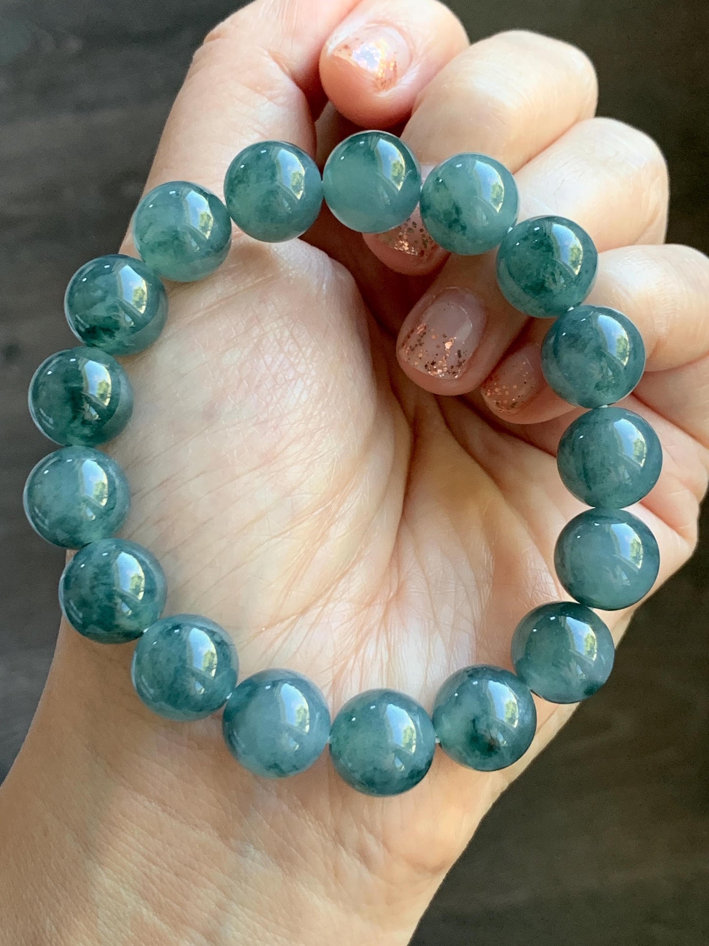 Natural Grade A Guatemalan Icy Highly Translucent Teal Blue Marbled Jade Jadeite Beaded Bracelet Stretchy 11.8mm 7.5” 天然冰危蓝飘绿翡翠圆珠手串 WPH440A