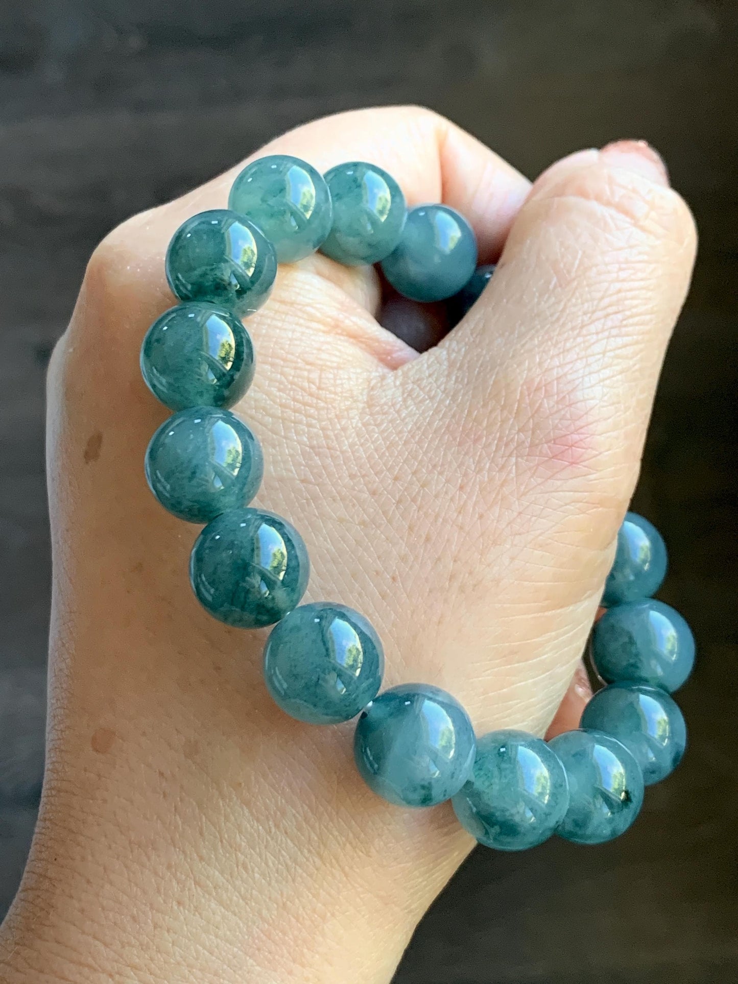 Natural Grade A Guatemalan Icy Highly Translucent Teal Blue Marbled Jade Jadeite Beaded Bracelet Stretchy 11.8mm 7.5” 天然冰危蓝飘绿翡翠圆珠手串 WPH440A