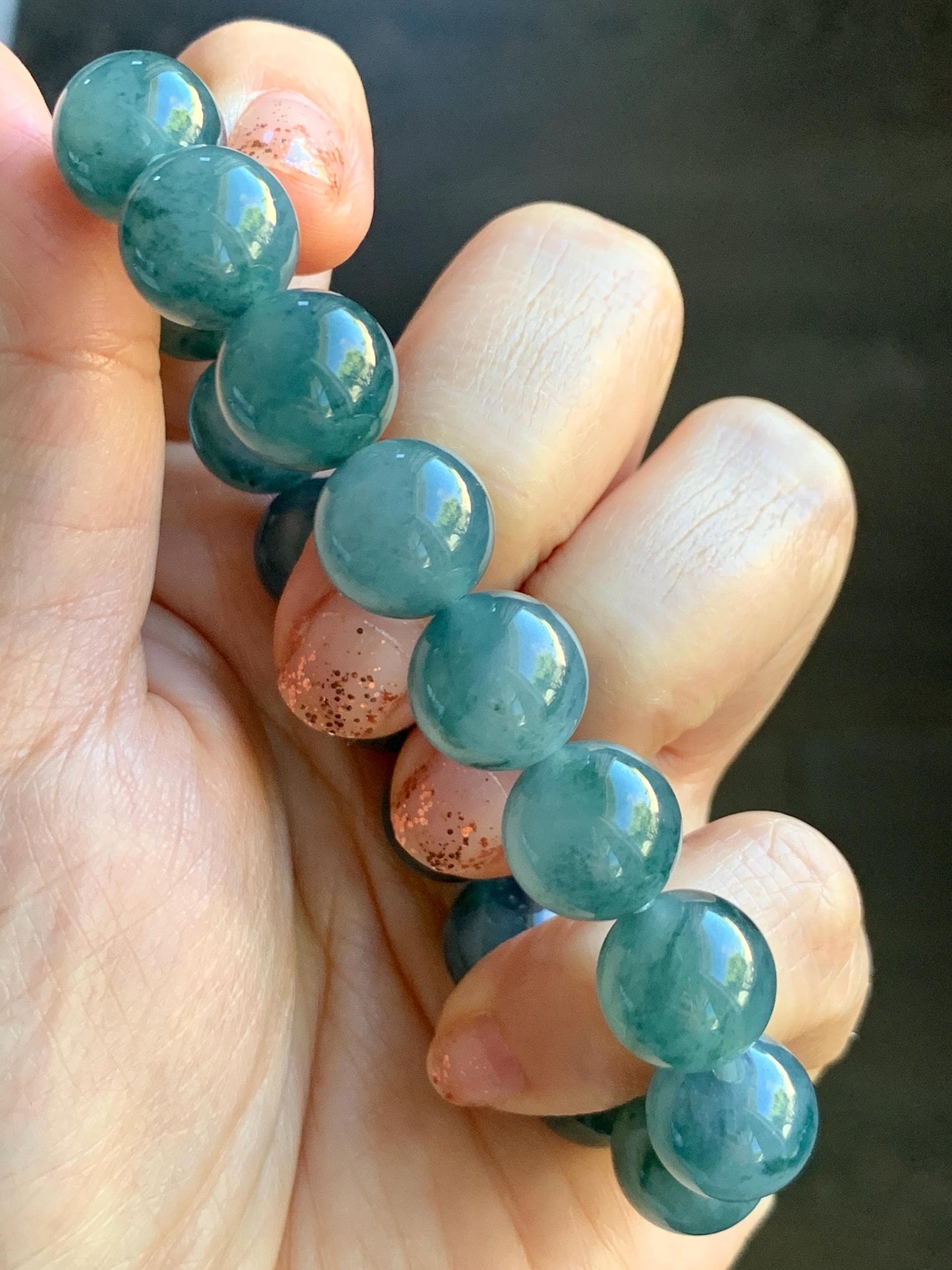 Natural Grade A Guatemalan Icy Highly Translucent Teal Blue Marbled Jade Jadeite Beaded Bracelet Stretchy 11.8mm 7.5” 天然冰危蓝飘绿翡翠圆珠手串 WPH440A