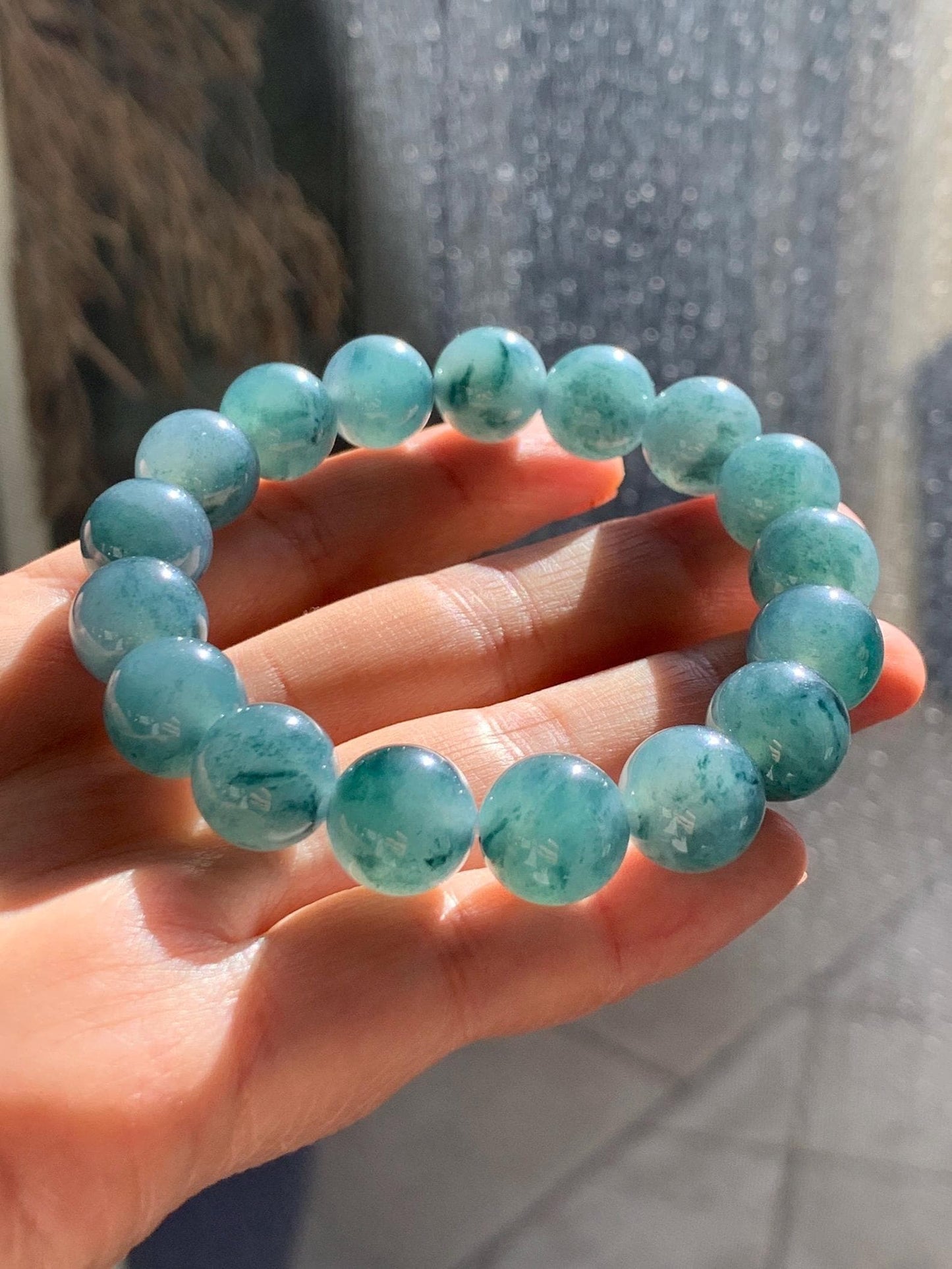 Natural Grade A Guatemalan Icy Highly Translucent Teal Blue Marbled Jade Jadeite Beaded Bracelet Stretchy 11.8mm 7.5” 天然冰危蓝飘绿翡翠圆珠手串 WPH440A