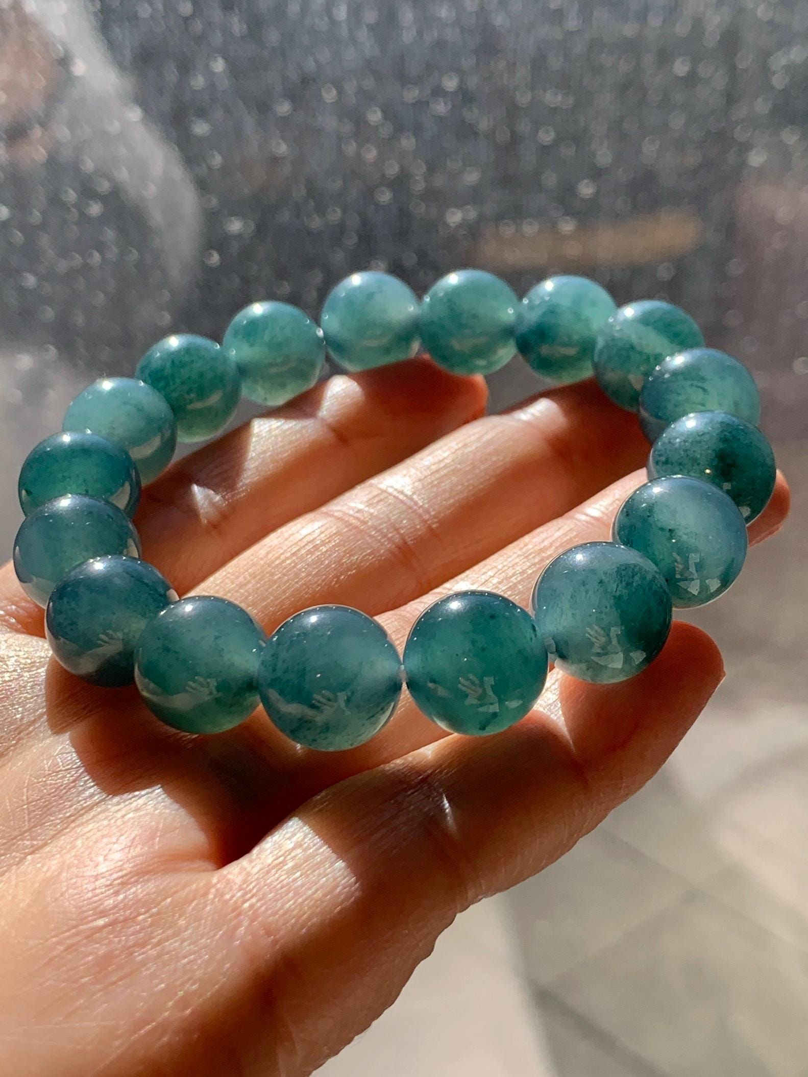 Natural Grade A Guatemalan Icy Highly Translucent Teal Blue Marbled Jade Jadeite Beaded Bracelet Stretchy 11.8mm 7.5” 天然冰危蓝飘绿翡翠圆珠手串 WPH440B