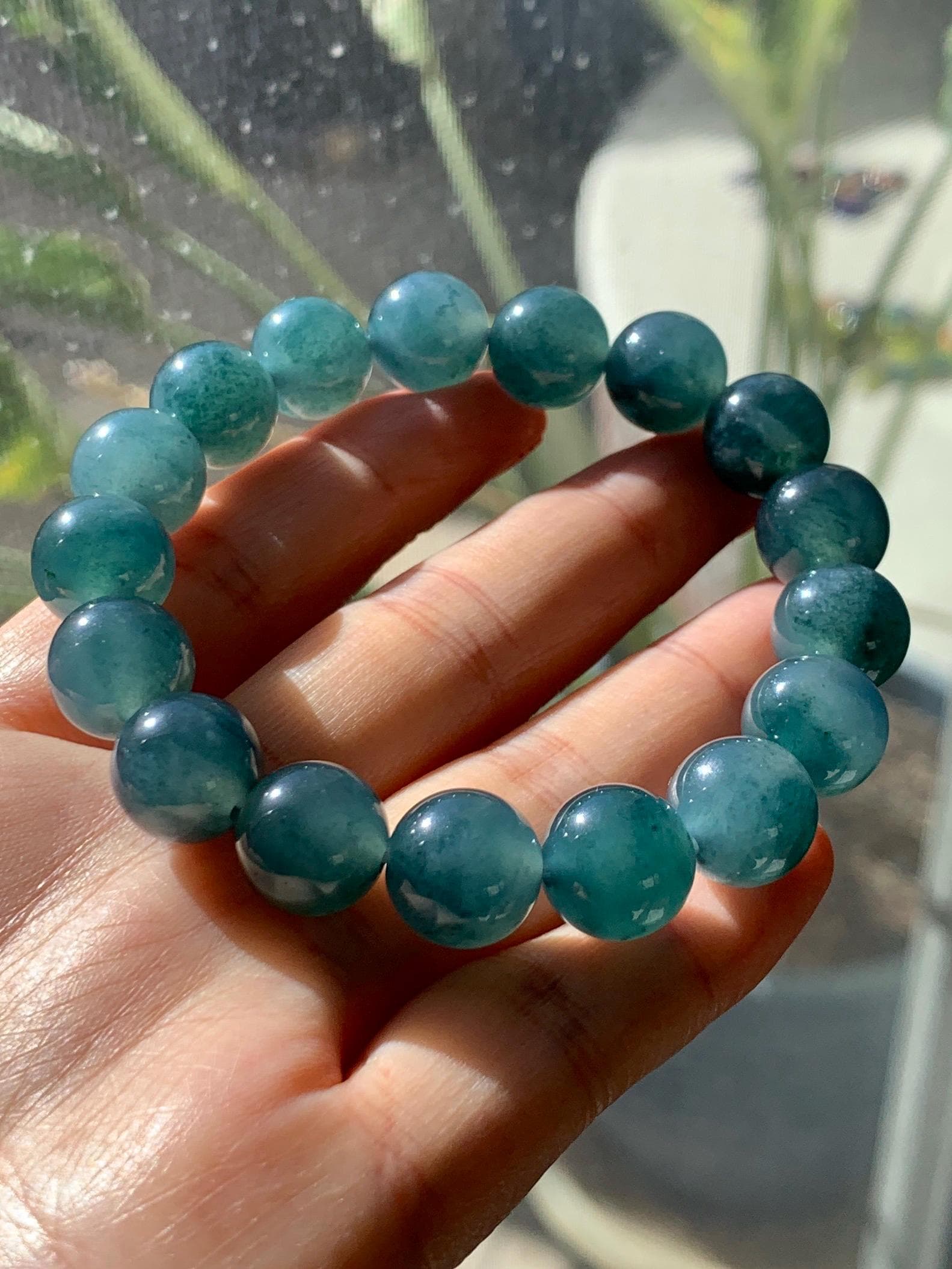 Natural Grade A Guatemalan Icy Highly Translucent Teal Blue Marbled Jade Jadeite Beaded Bracelet Stretchy 11.8mm 7.5” 天然冰危蓝飘绿翡翠圆珠手串 WPH440B