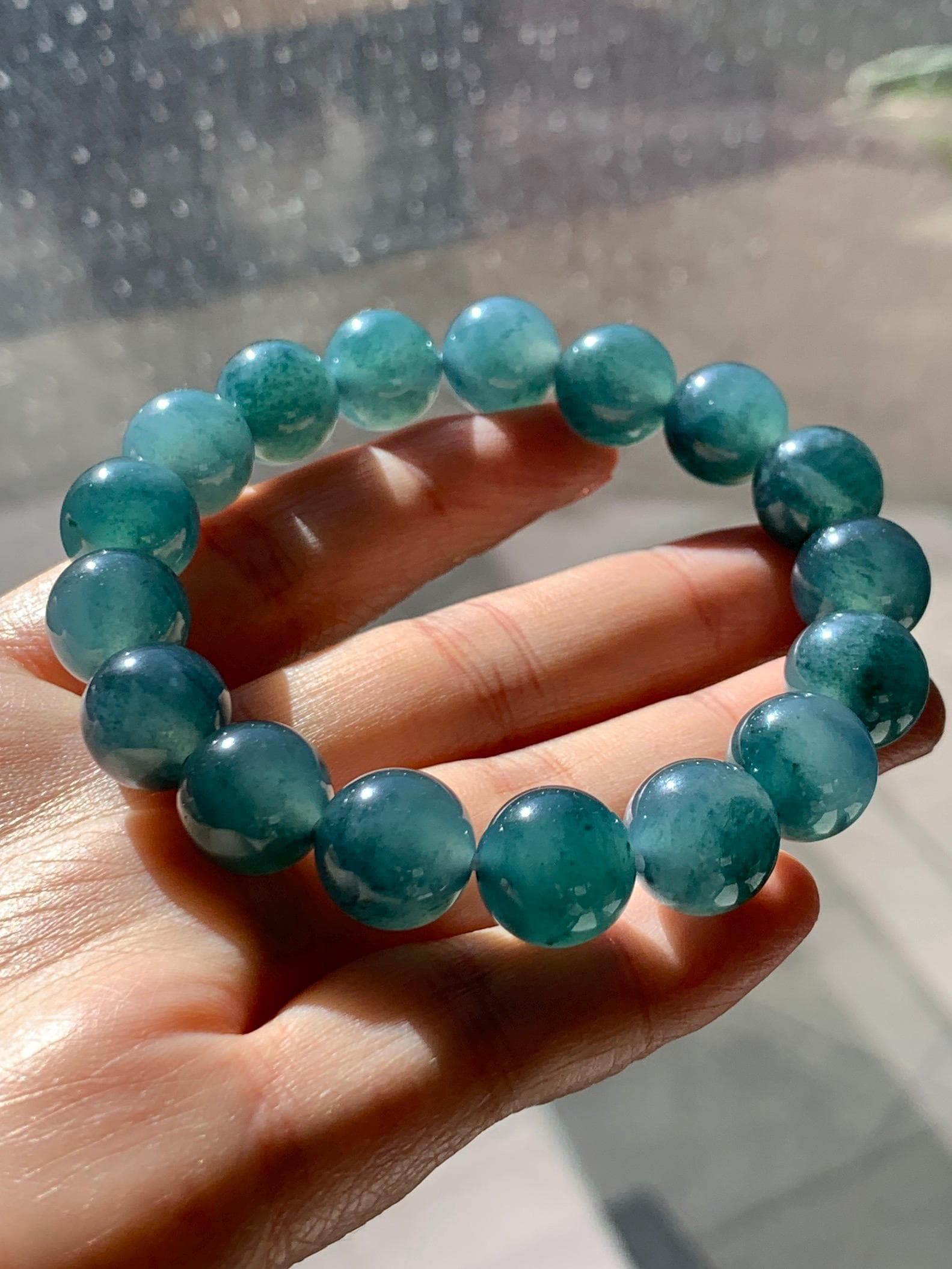 Natural Grade A Guatemalan Icy Highly Translucent Teal Blue Marbled Jade Jadeite Beaded Bracelet Stretchy 11.8mm 7.5” 天然冰危蓝飘绿翡翠圆珠手串 WPH440B