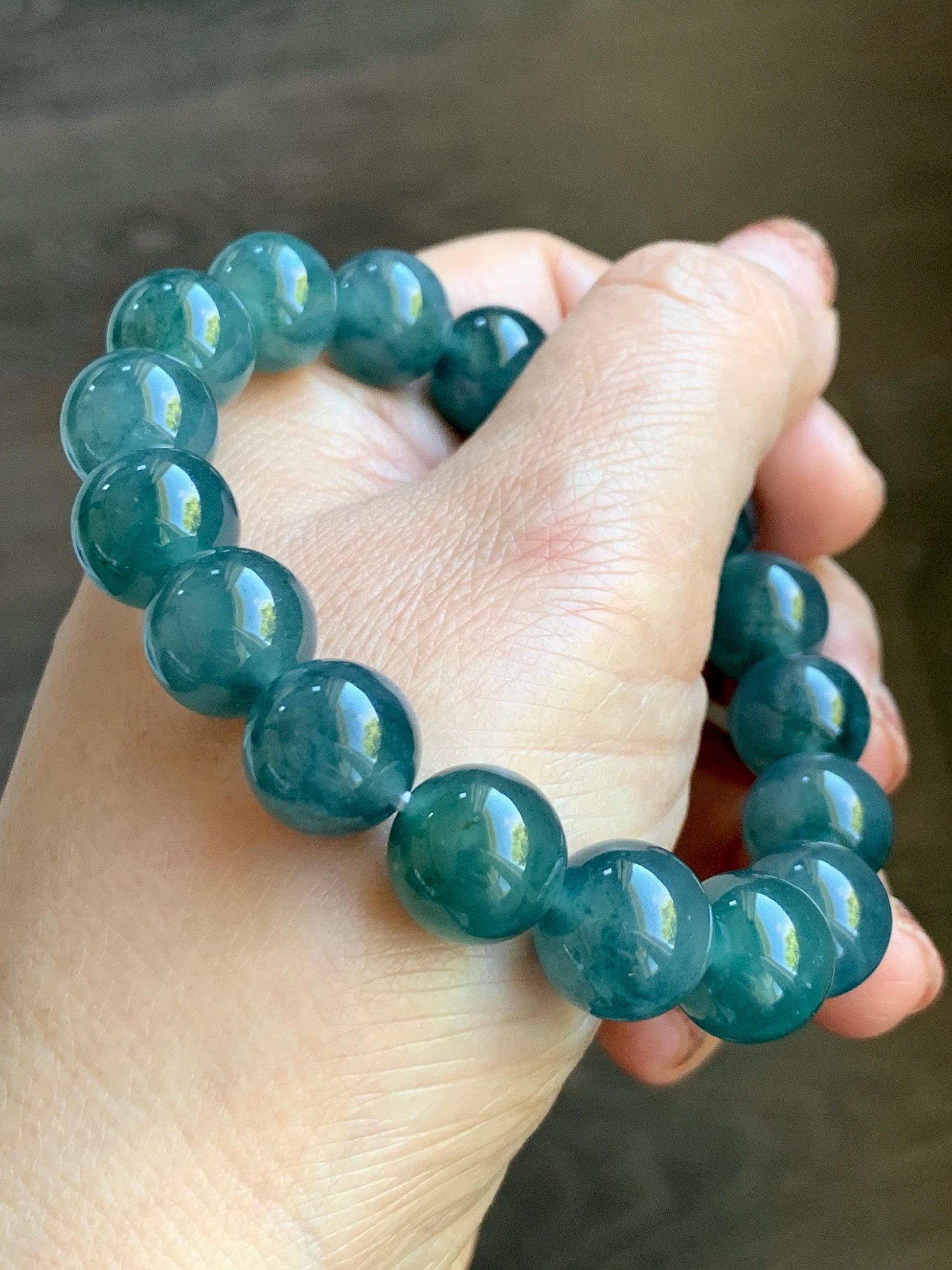 Natural Grade A Guatemalan Icy Highly Translucent Teal Blue Marbled Jade Jadeite Beaded Bracelet Stretchy 11.8mm 7.5” 天然冰危蓝飘绿翡翠圆珠手串 WPH440B