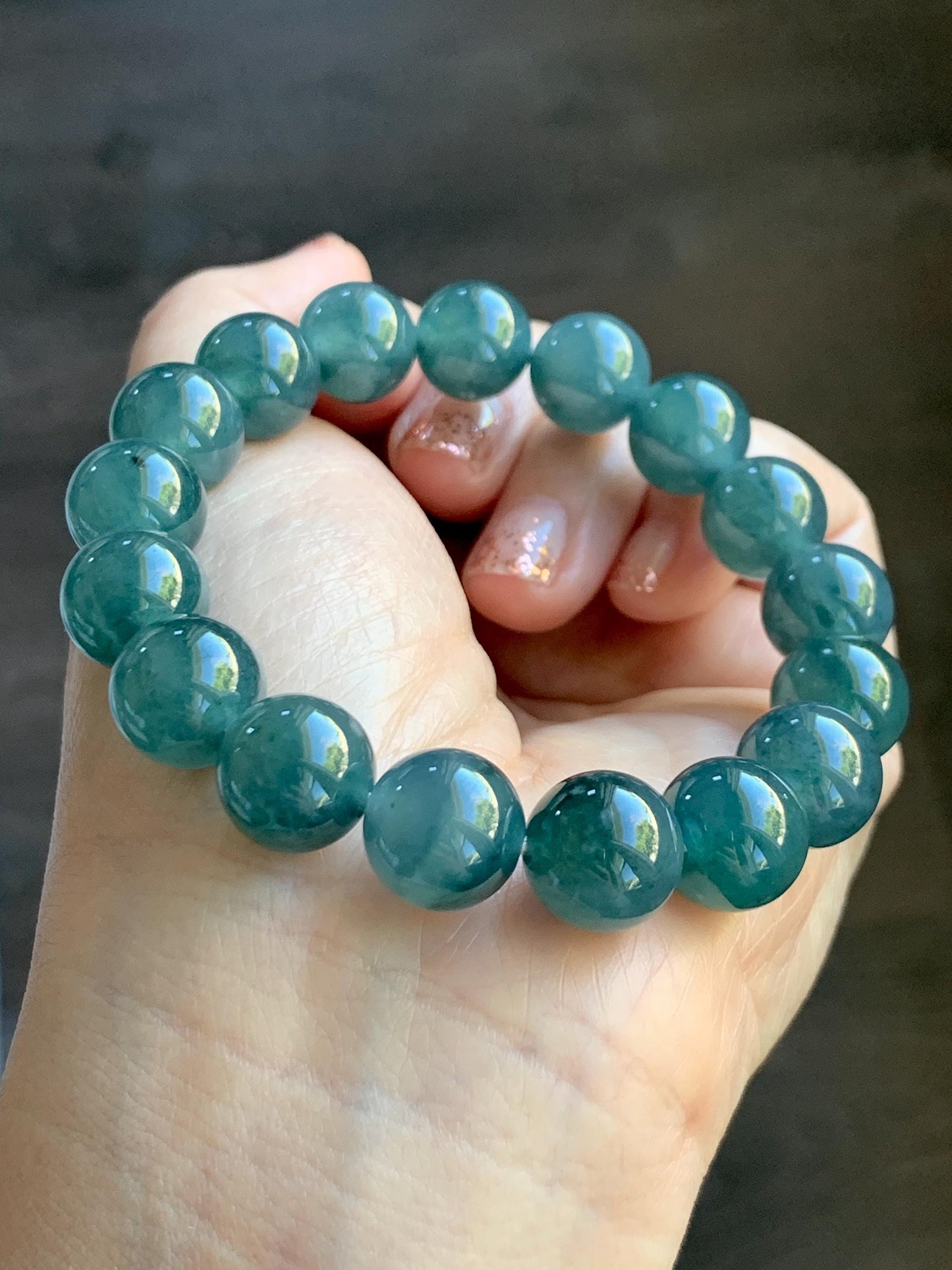 Natural Grade A Guatemalan Icy Highly Translucent Teal Blue Marbled Jade Jadeite Beaded Bracelet Stretchy 11.8mm 7.5” 天然冰危蓝飘绿翡翠圆珠手串 WPH440B