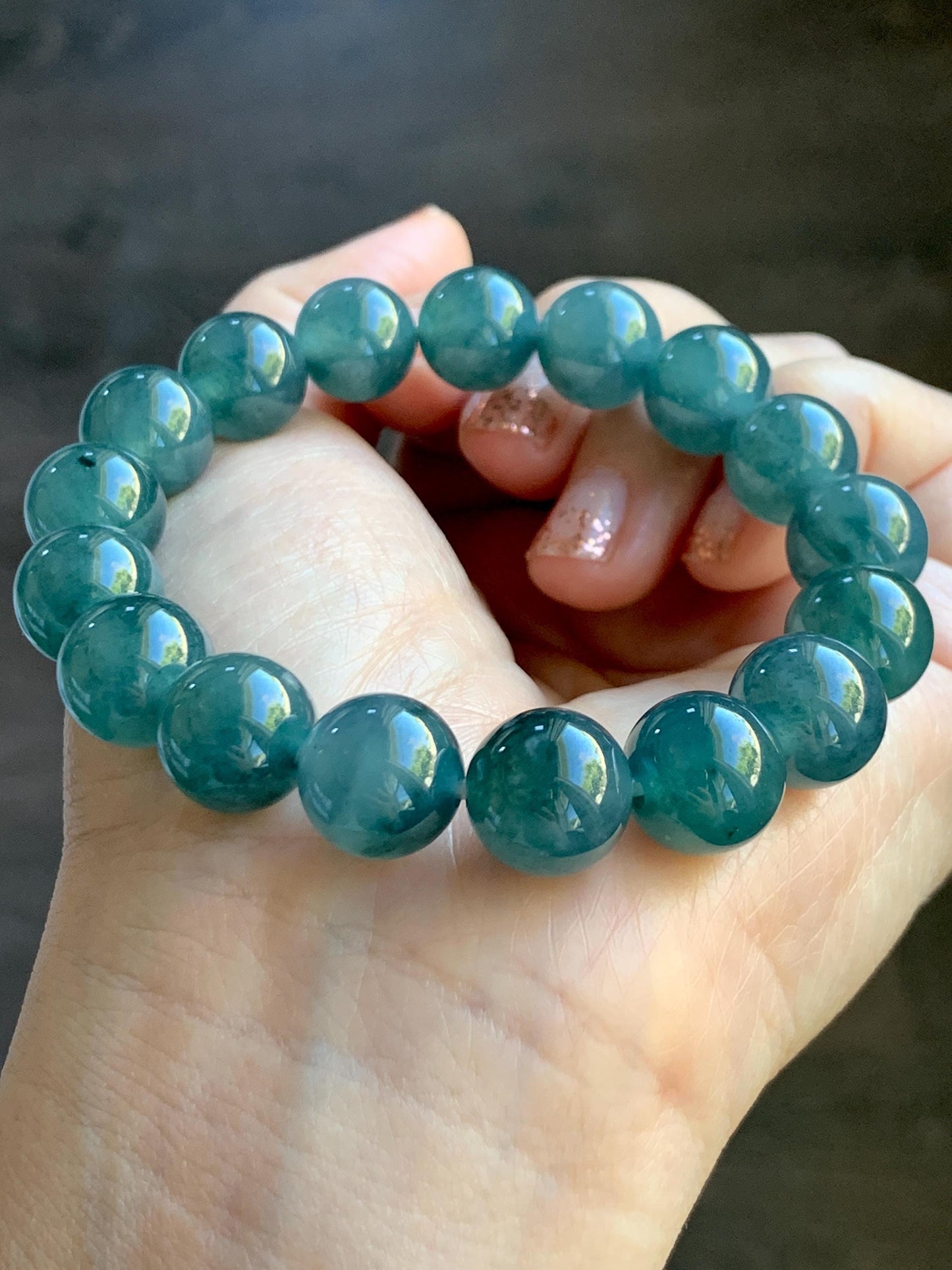 Natural Grade A Guatemalan Icy Highly Translucent Teal Blue Marbled Jade Jadeite Beaded Bracelet Stretchy 11.8mm 7.5” 天然冰危蓝飘绿翡翠圆珠手串 WPH440B