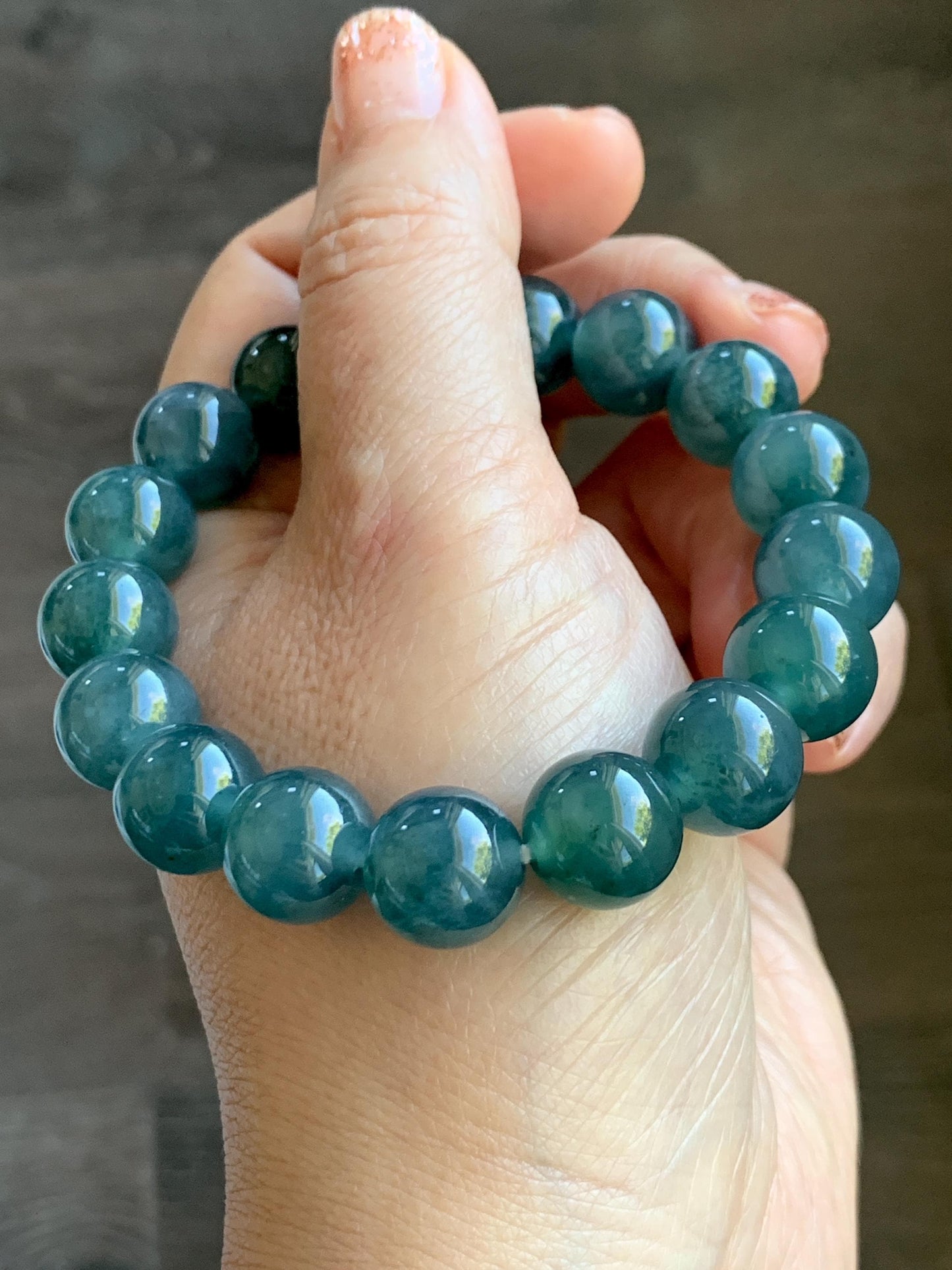 Natural Grade A Guatemalan Icy Highly Translucent Teal Blue Marbled Jade Jadeite Beaded Bracelet Stretchy 11.8mm 7.5” 天然冰危蓝飘绿翡翠圆珠手串 WPH440B