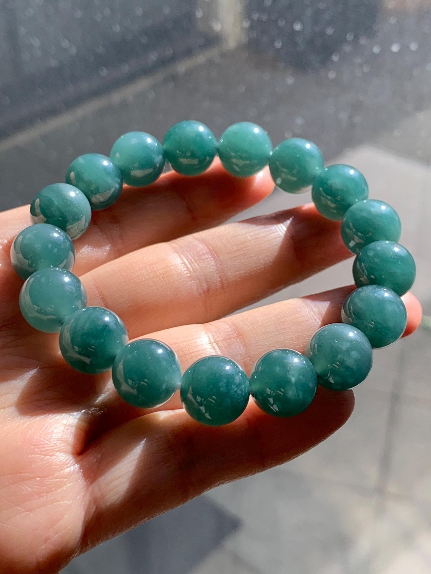 Natural Grade A Guatemalan Icy Highly Translucent Teal Green Jade Jadeite Beaded Bracelet Stretchy 11.6mm 7.25” 47g 天然冰危蓝绿翡翠圆珠手串 WSLP180