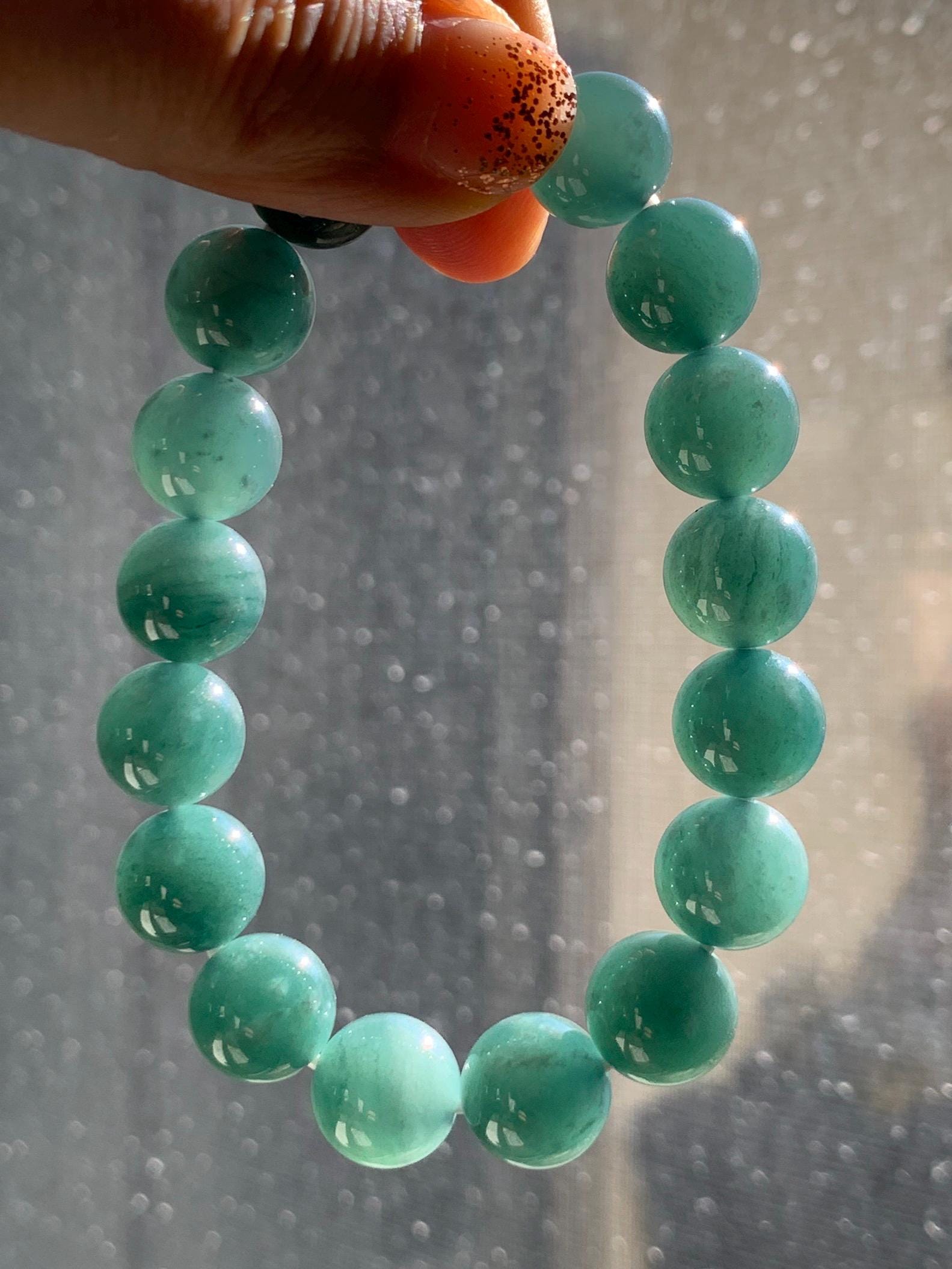 Natural Grade A Guatemalan Icy Highly Translucent Teal Green Jade Jadeite Beaded Bracelet Stretchy 11.6mm 7.25” 47g 天然冰危蓝绿翡翠圆珠手串 WSLP180