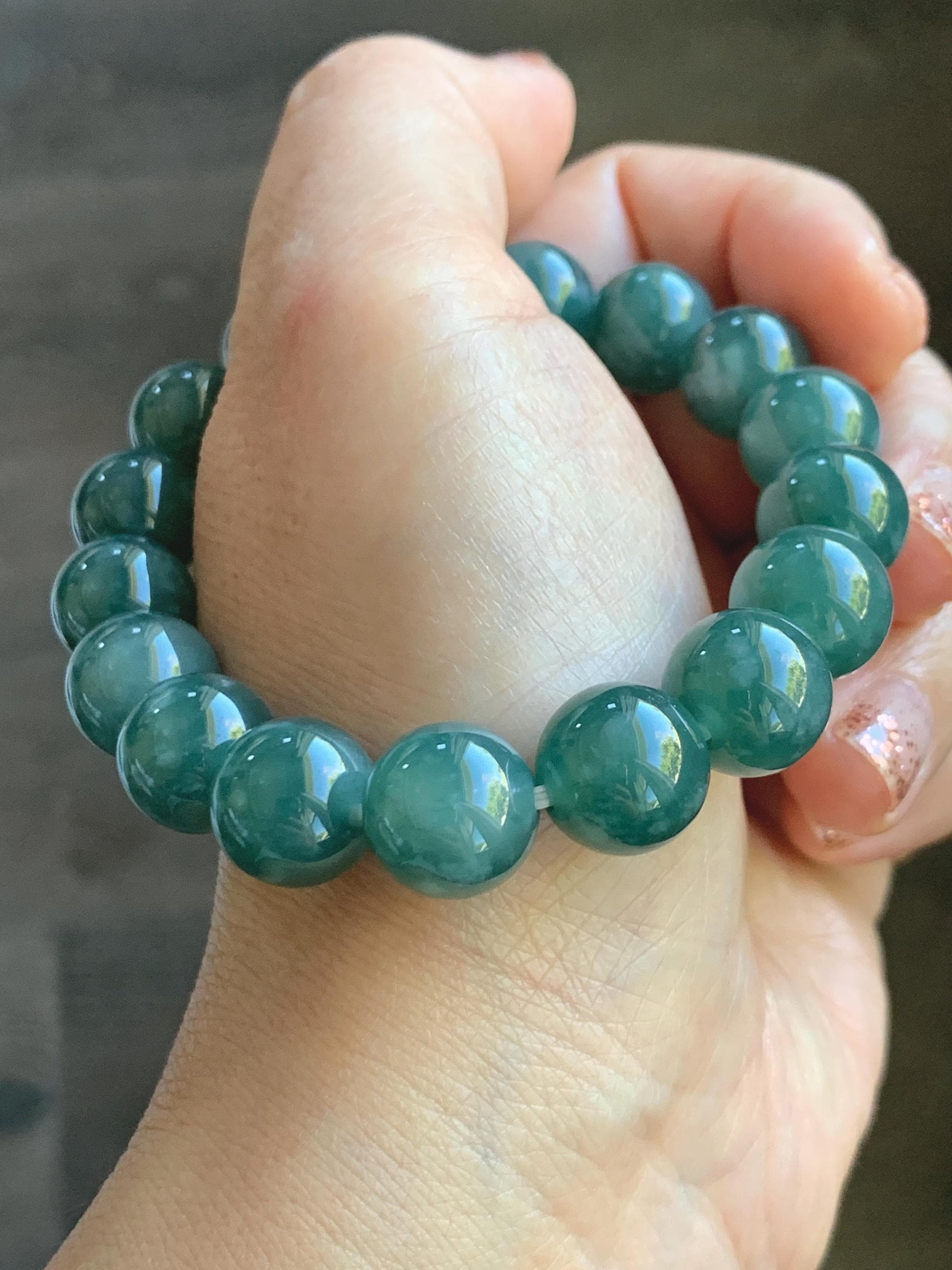 Natural Grade A Guatemalan Icy Highly Translucent Teal Green Jade Jadeite Beaded Bracelet Stretchy 11.6mm 7.25” 47g 天然冰危蓝绿翡翠圆珠手串 WSLP180
