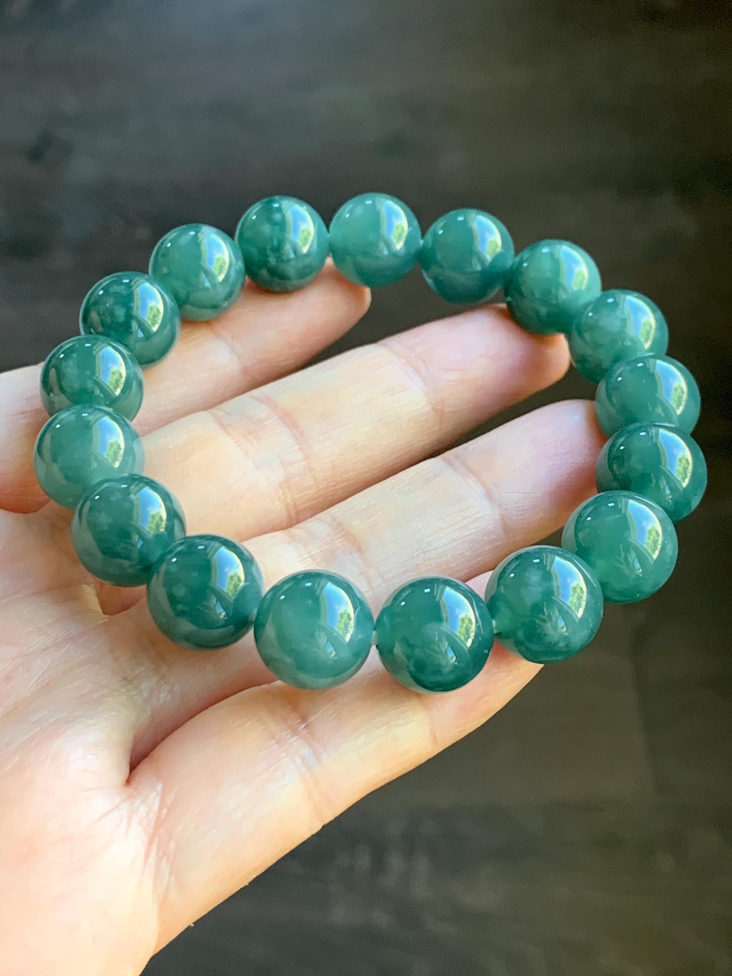 Natural Grade A Guatemalan Icy Highly Translucent Teal Green Jade Jadeite Beaded Bracelet Stretchy 11.6mm 7.25” 47g 天然冰危蓝绿翡翠圆珠手串 WSLP180