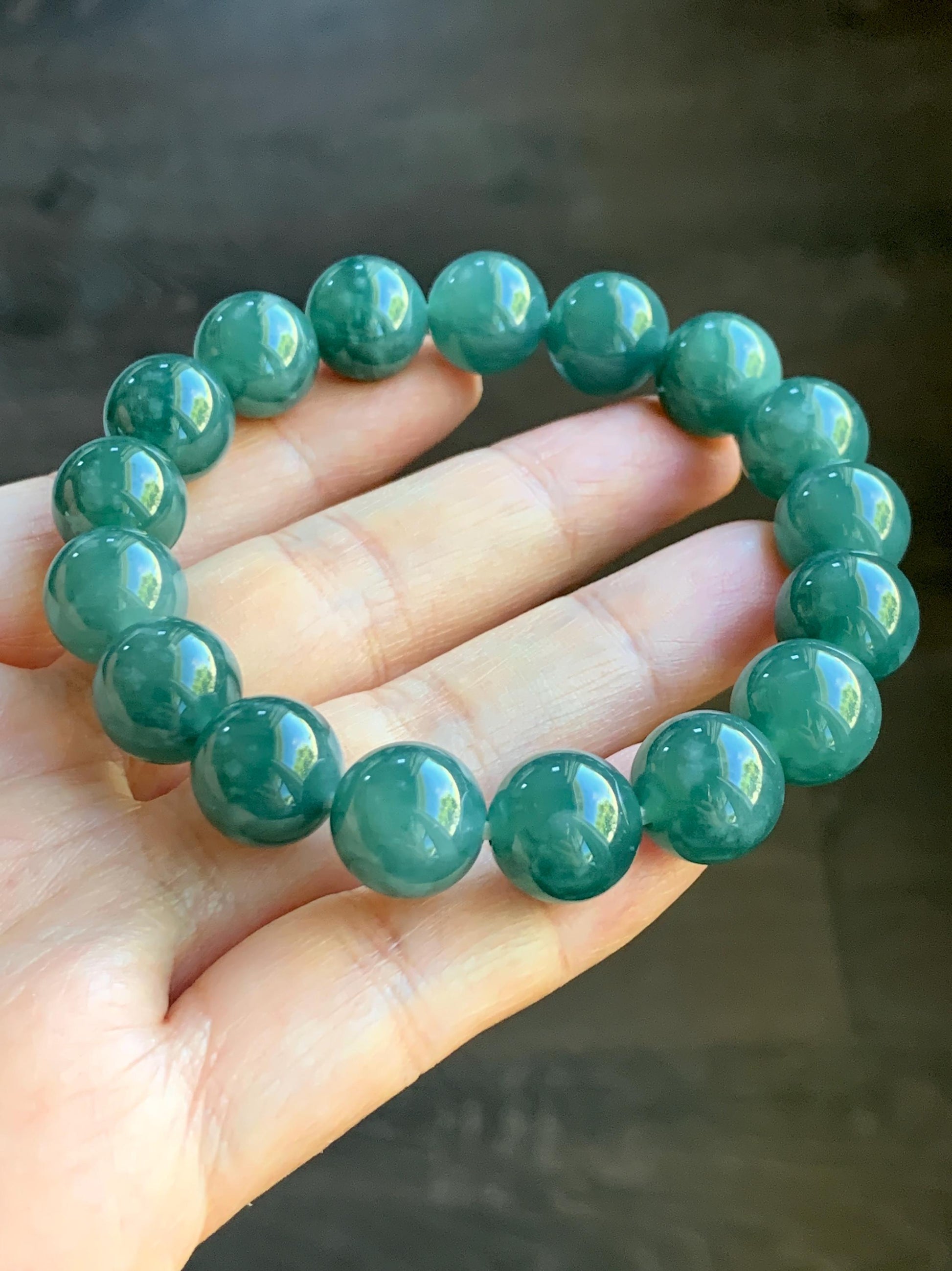 Natural Grade A Guatemalan Icy Highly Translucent Teal Green Jade Jadeite Beaded Bracelet Stretchy 11.6mm 7.25” 47g 天然冰危蓝绿翡翠圆珠手串 WSLP180