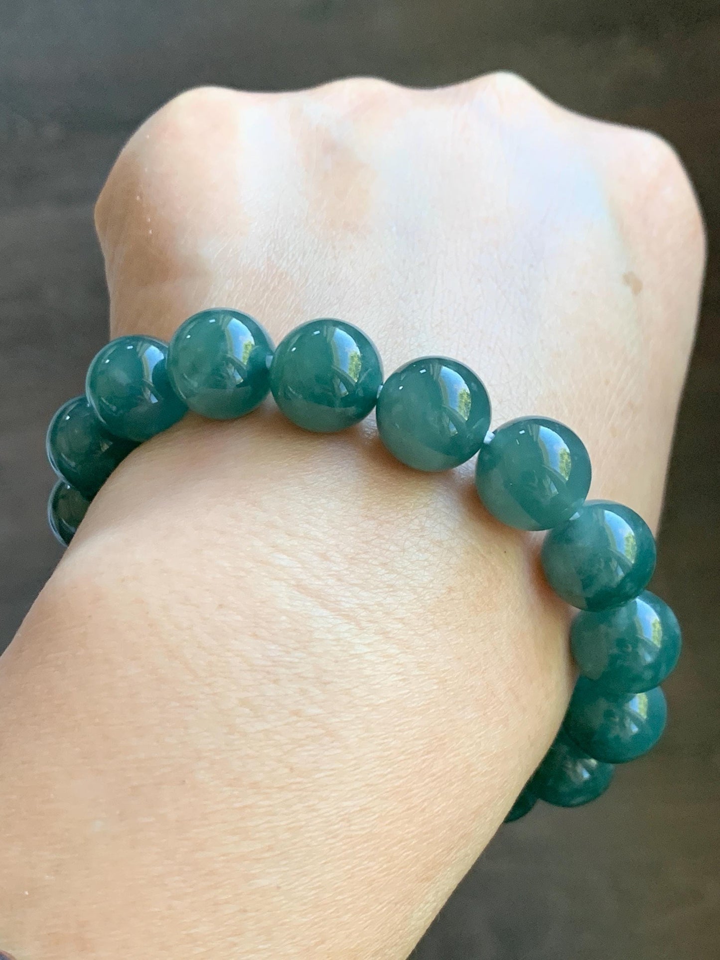 Natural Grade A Guatemalan Icy Highly Translucent Teal Green Jade Jadeite Beaded Bracelet Stretchy 11.6mm 7.25” 47g 天然冰危蓝绿翡翠圆珠手串 WSLP180